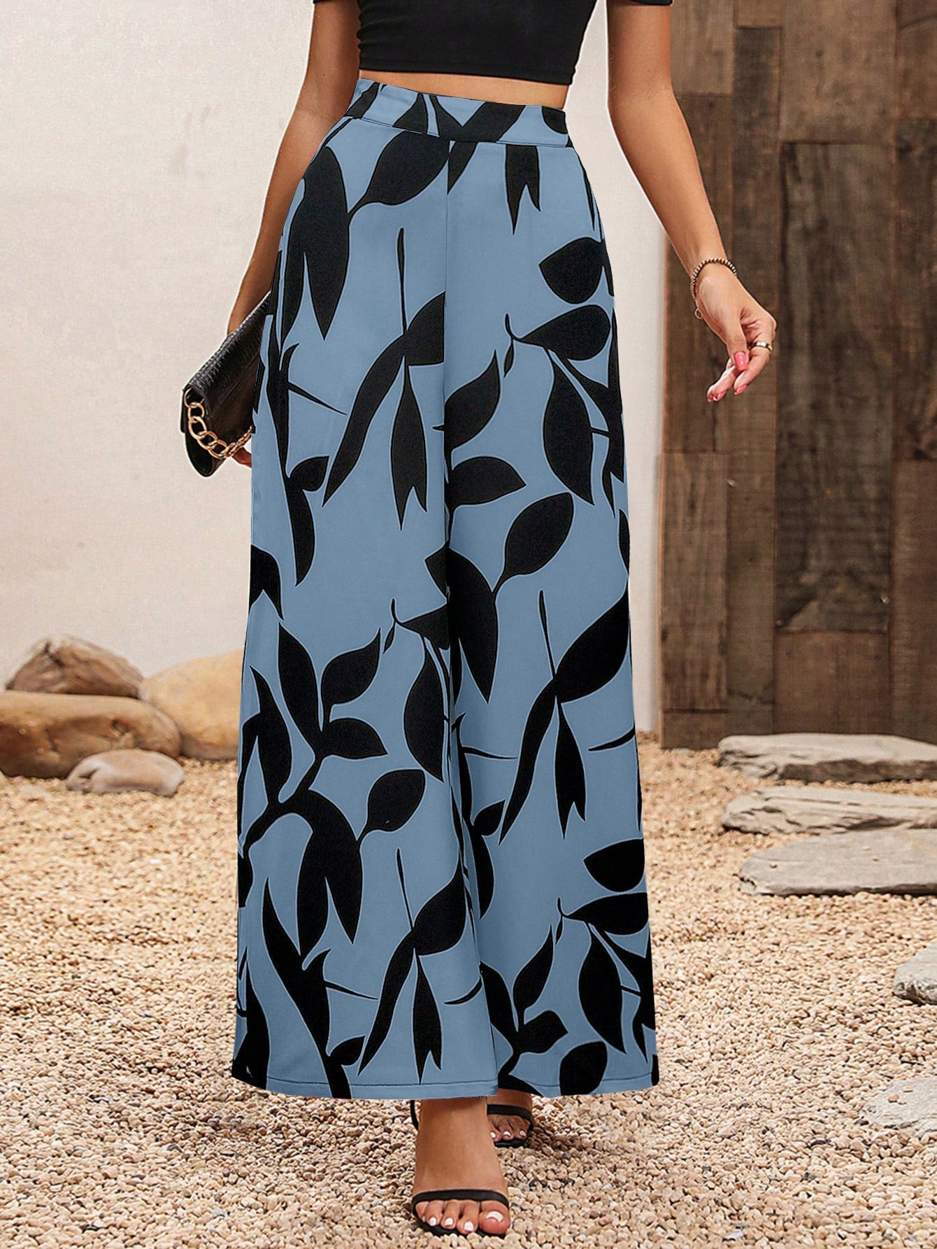 High Waisted Wide Leg Pants With Plant Print