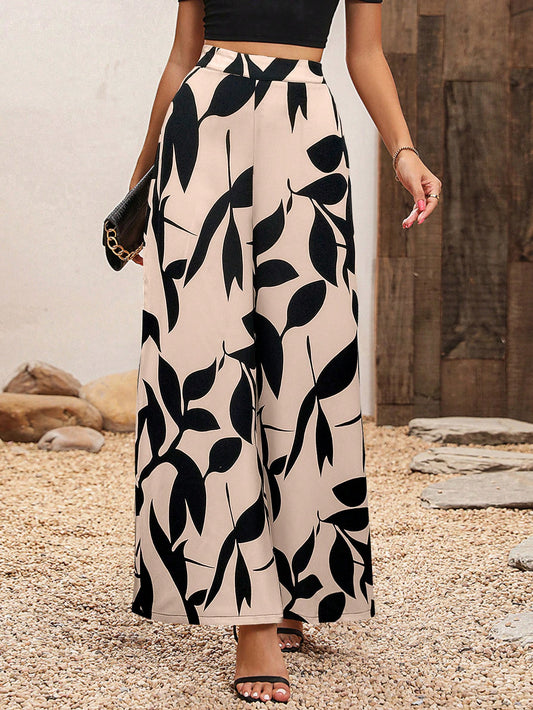 High Waisted Wide Leg Pants With Plant Print