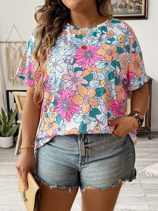 Plus Size Women's Summer Floral Printed Round Neck Short Sleeve Casual T-Shirt