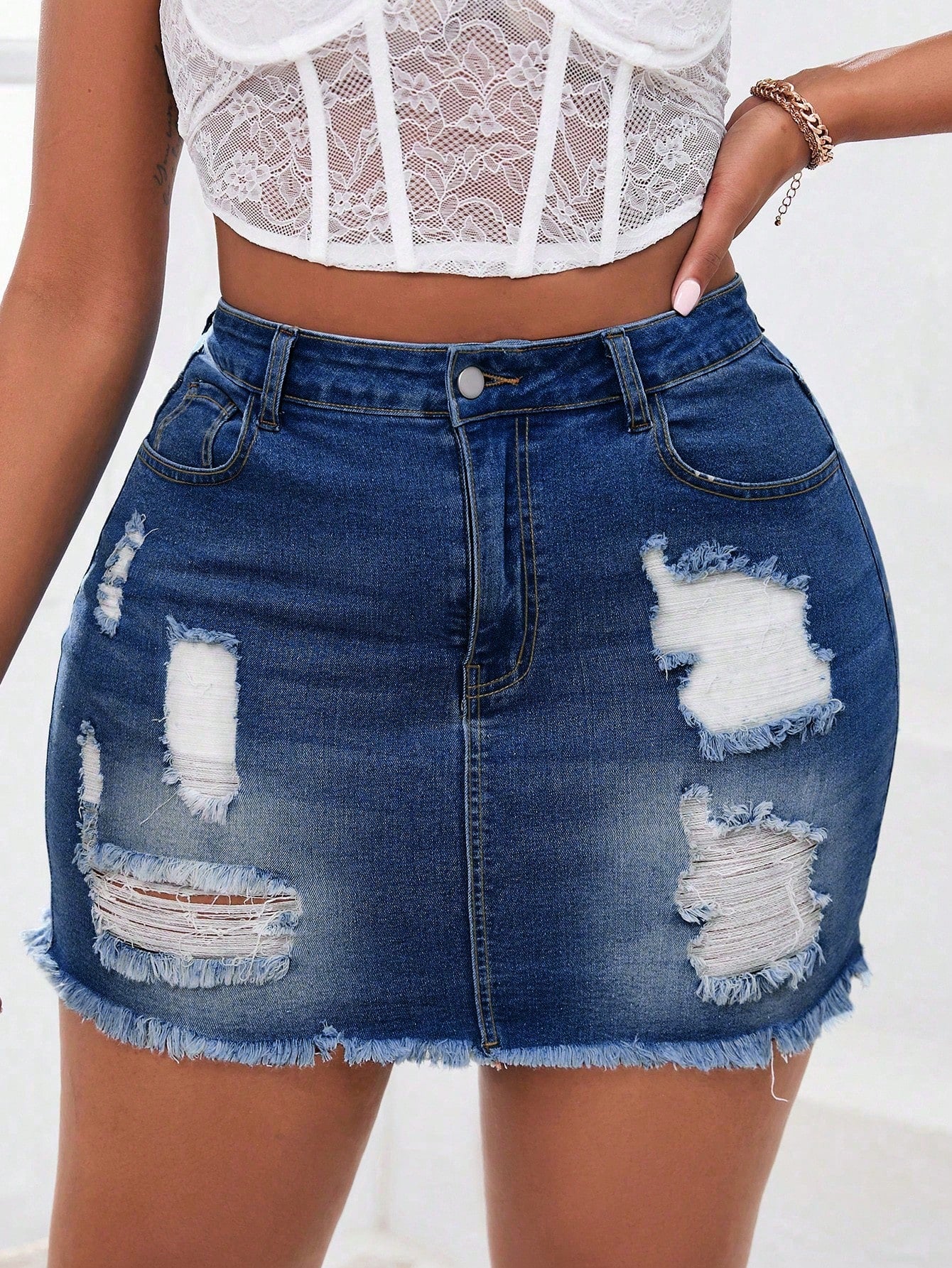 Plus Size Sexy Broken Hole Denim Stretch Mini Skirt