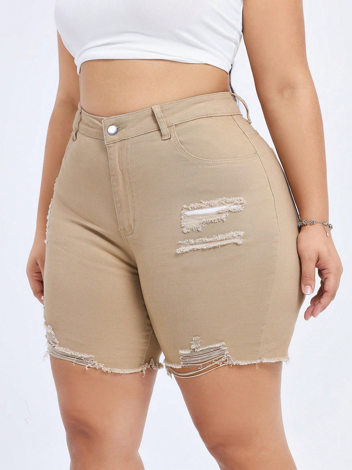 Plus Size Solid Color Denim Shorts With Pockets, Rips And Frayed Hem