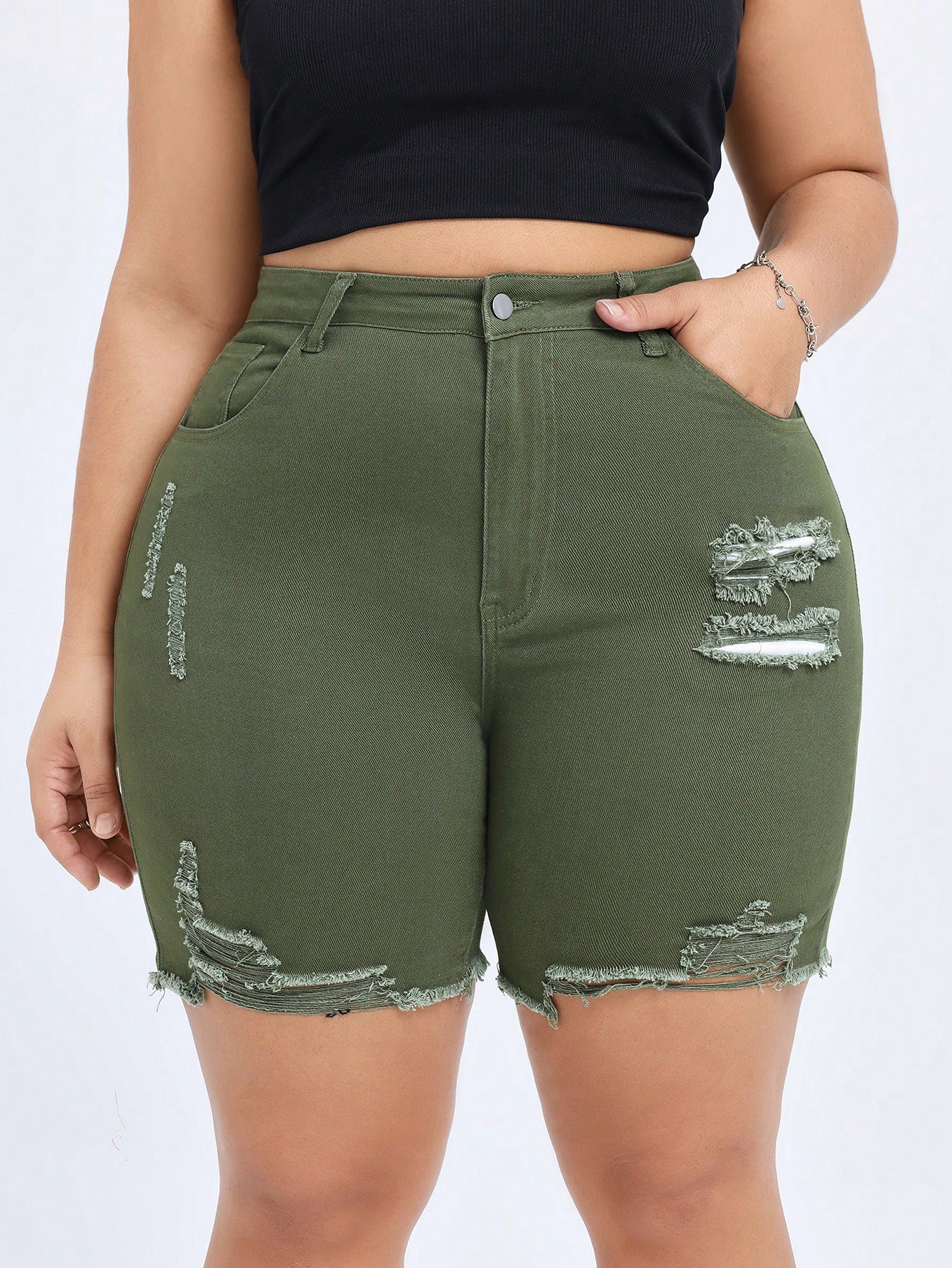 Plus Size Solid Color Denim Shorts With Pockets, Rips And Frayed Hem