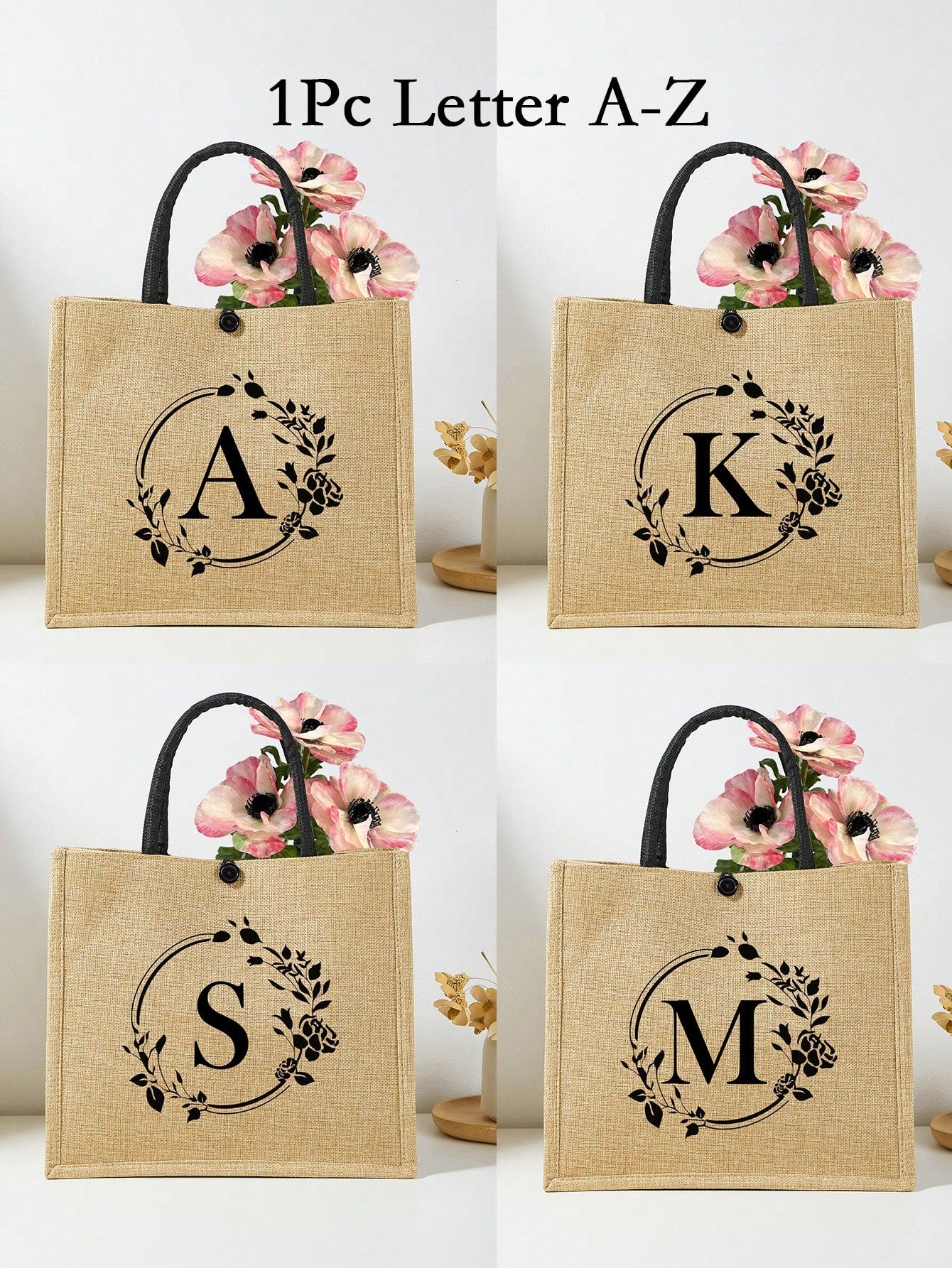 1 Pc Of Simple Floral Letter Printed Linen Tote Bag For Big Children, Simple Bag For Travel, Large-Capacity Travel Bag, Multi-Functional Portable Tote Bag, Handbag For Daily Class And Back To School, Shopping Bag, New Design, Ideal Shopping, Tote Bag, Lun