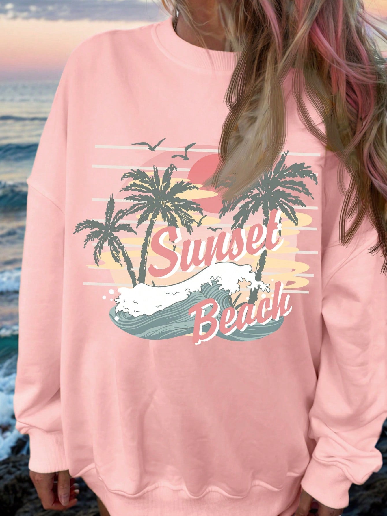 Beach Pattern & Ocean Creatures Print Casual Round Neck Casual Long Sleeve Sweatshirt For Women