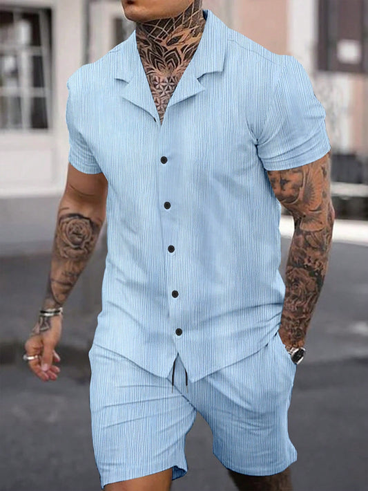 Men Plus Size Solid Color Short Sleeve Shirt And Shorts Set