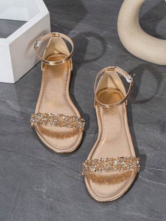 Casual Elegant Fashionable Flat Sandals For Women, Champagne Color, Glass Rhinestone Decorated Ankle Strap