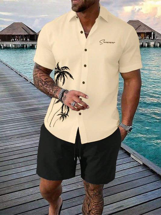 Men's Plus Size Coconut Tree Printed Holiday Shirt And Shorts Set