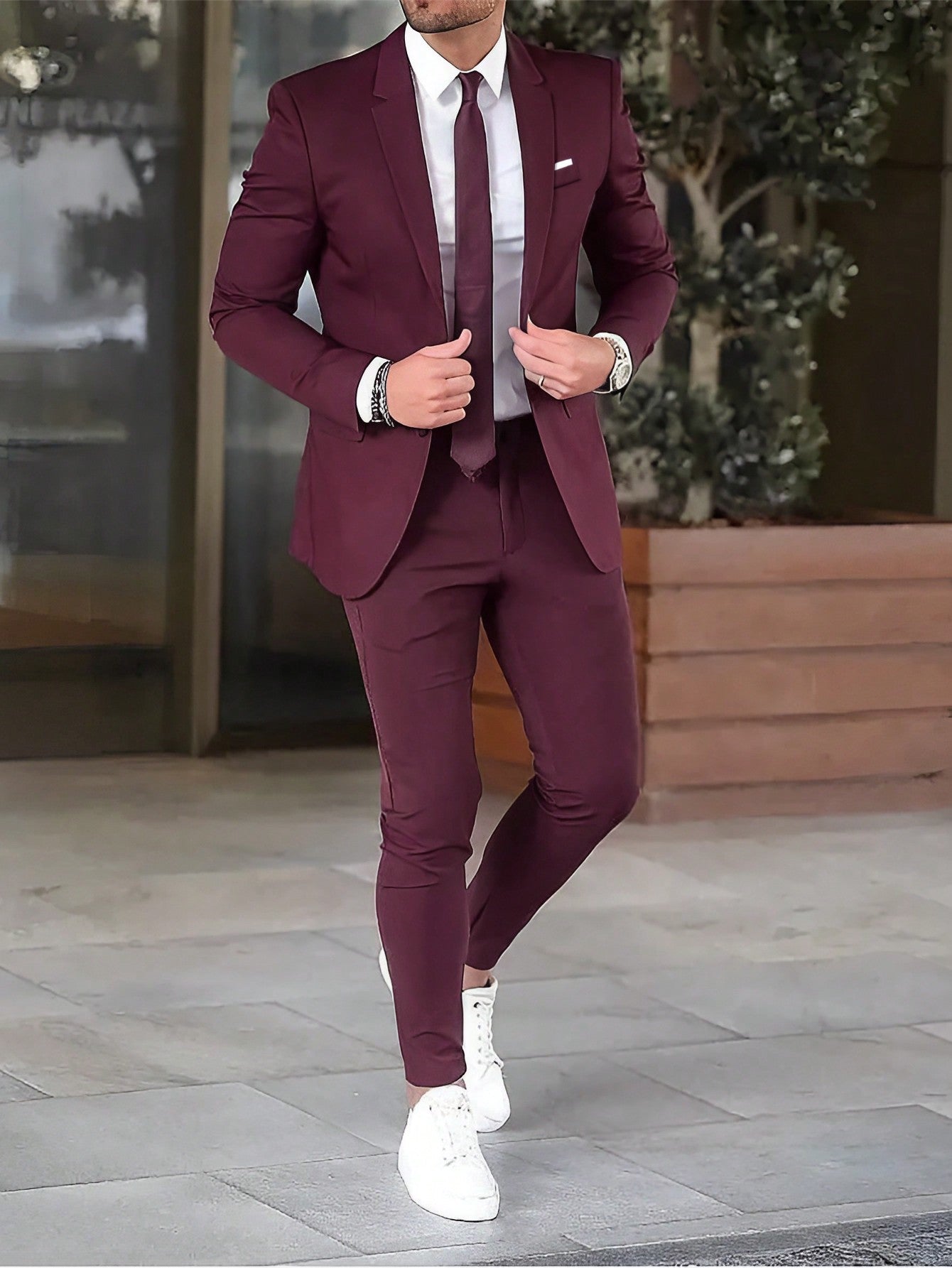 Men's Color-Block Detail Suit Set With Long Coat And Pants