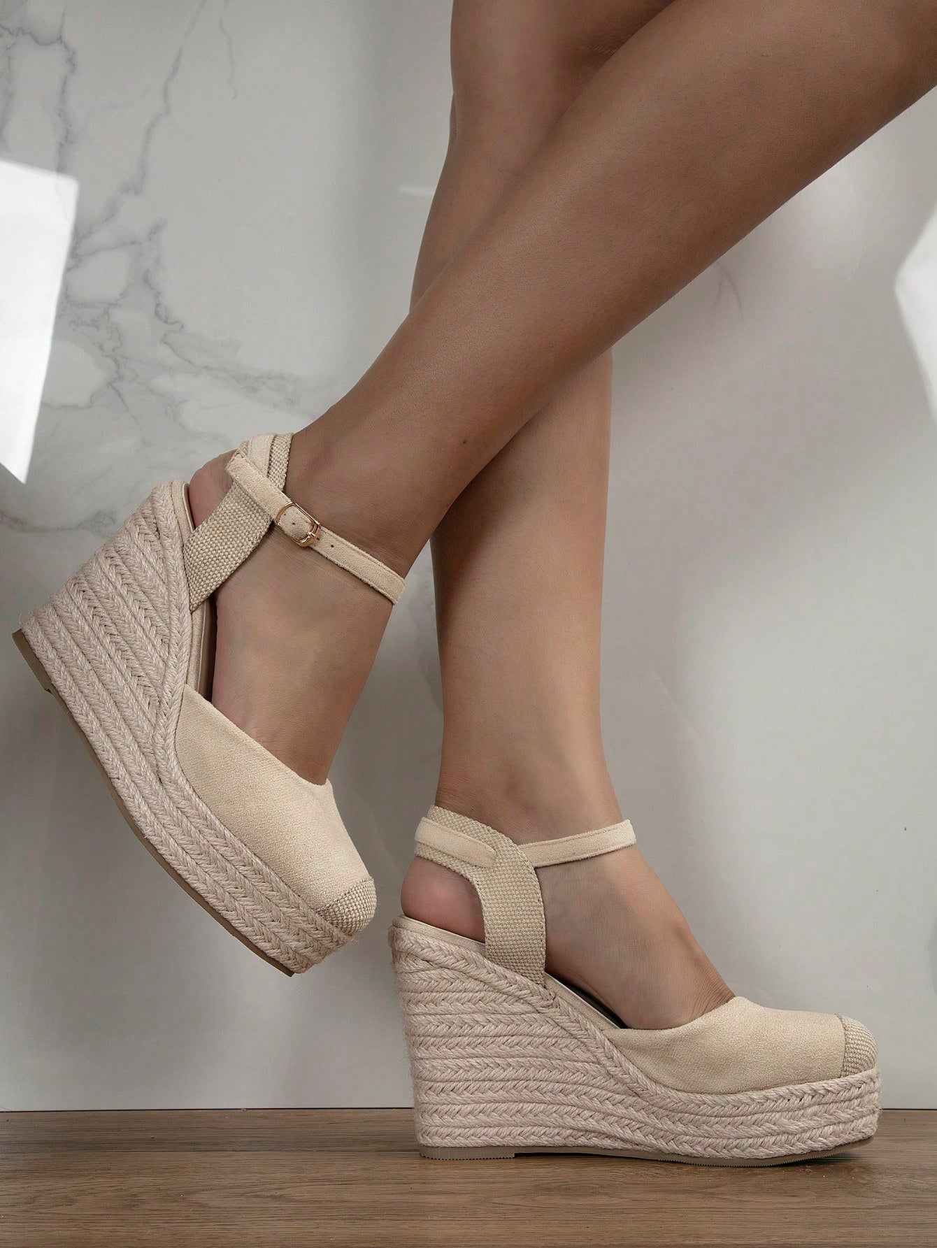 Vacation Apricot Shoes For Women, Tie Leg Design Espadrille Wedge Shoes