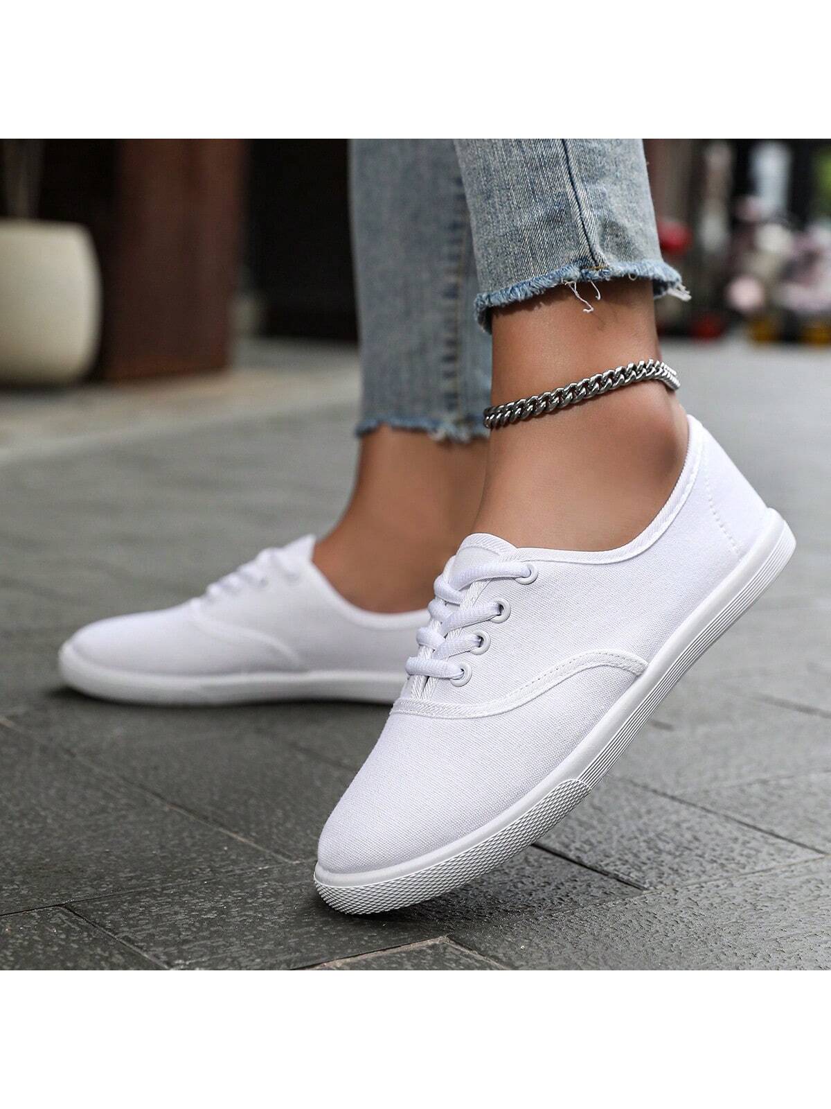 Women Canvas Sports Shoes-Couple Shoes, Breathable Round Toe Lace-Up Casual Shoes, Spring, Summer, Autumn Solid Color Fashion Sneakers. Available In White, Black, Blue, Pink, Black & White, Orange, Green, Yellow, Beige, Khaki, Deep Khaki, And Brown.