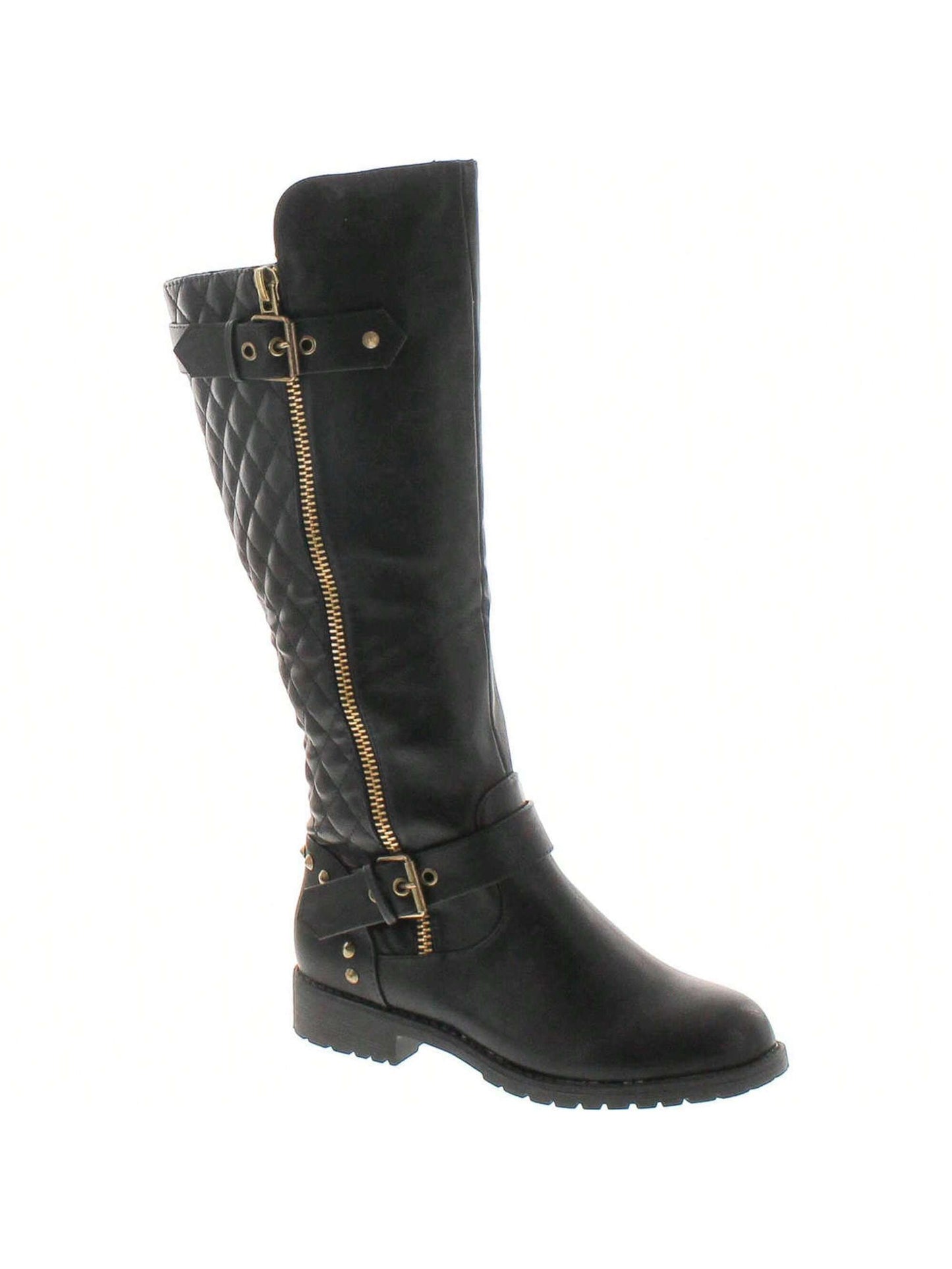 Women's Studded Quilted Leatherette Buckle Round Toe Motorcycle Boots