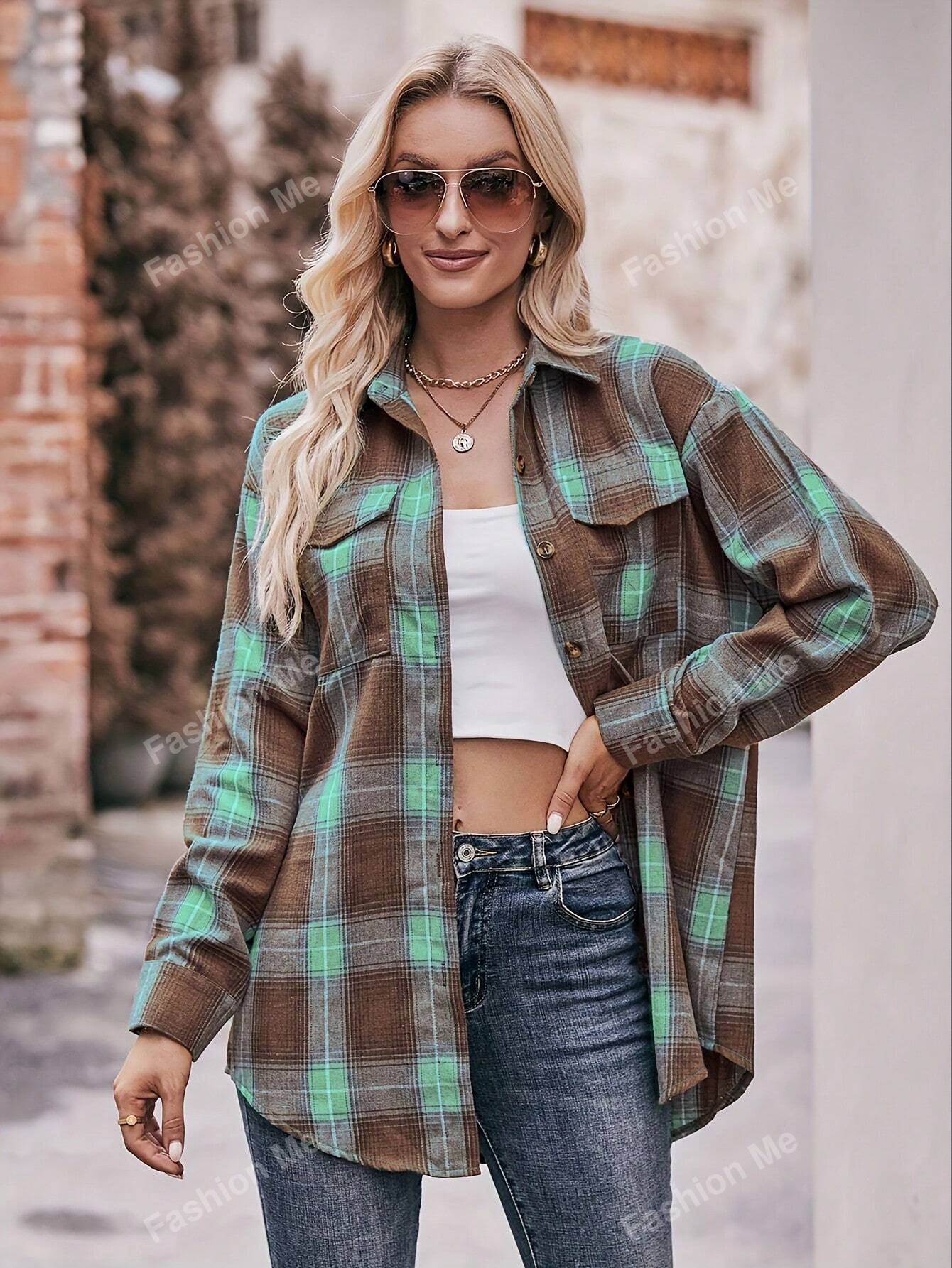 Loose-Fitting Vintage Plaid Blouse For Women's Casual Wear