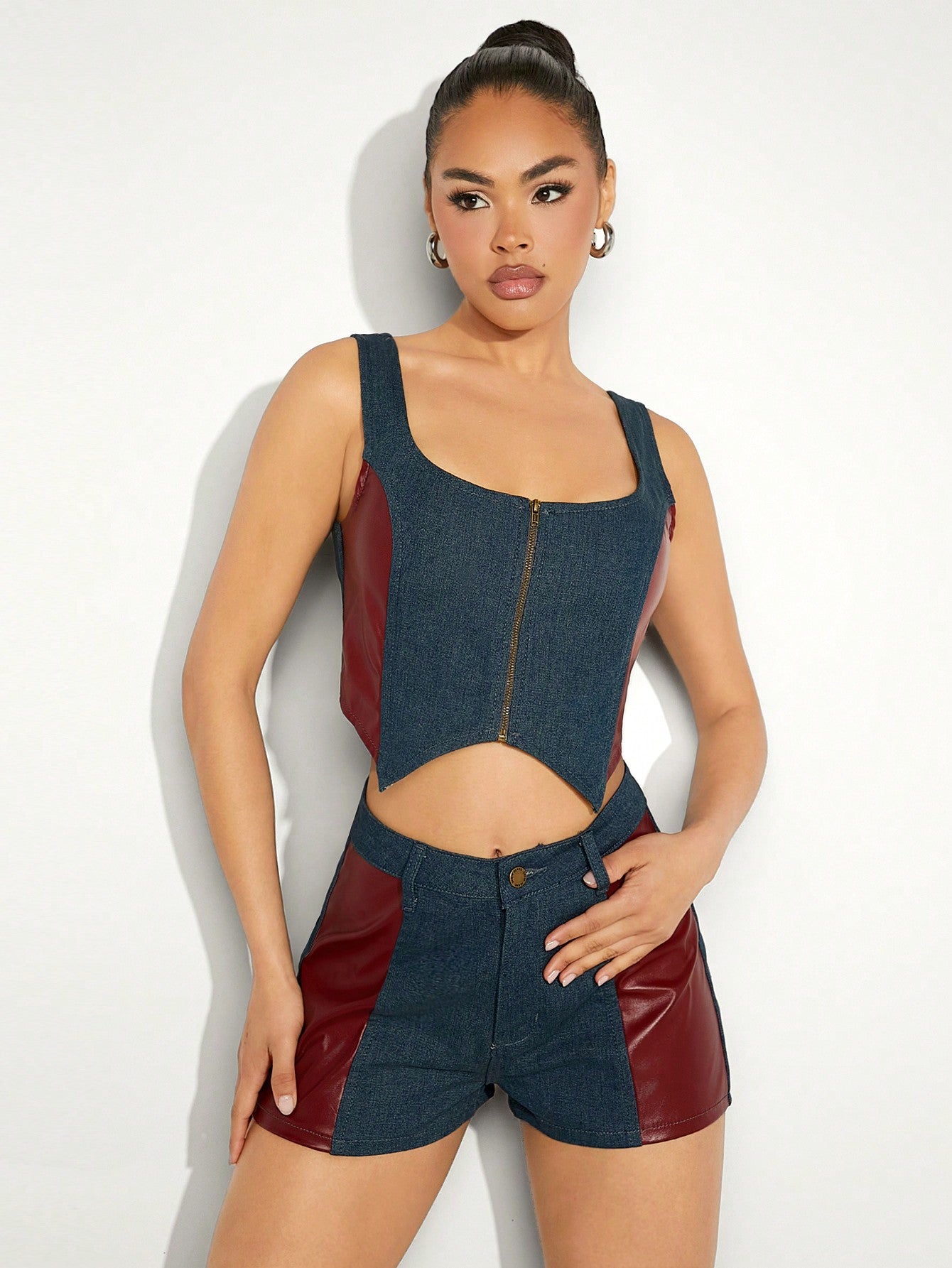 Haute Mixed Fabric PU Panels Tank & Shorts Two Piece Set