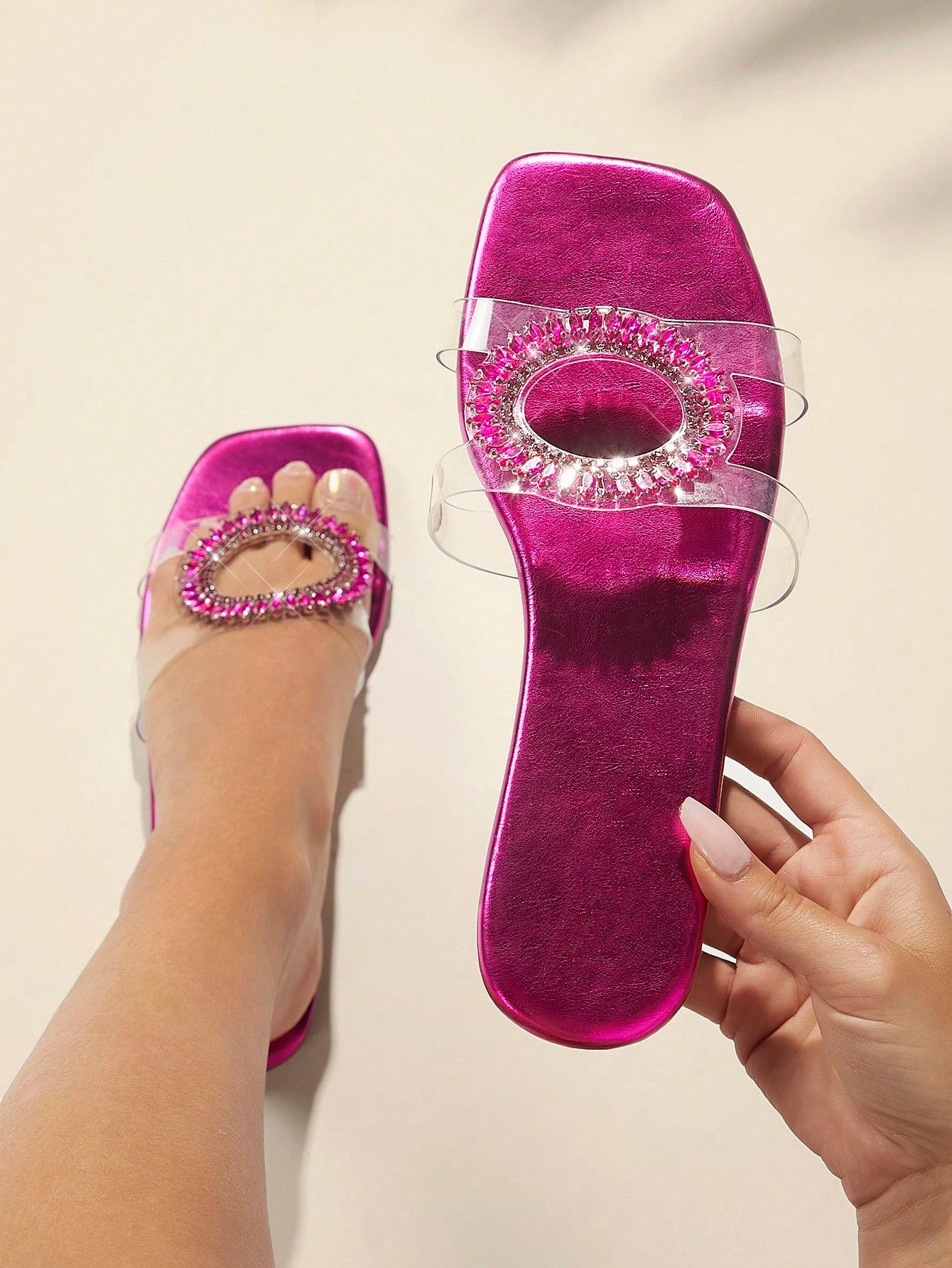 Women's Square Toe Rhinestone Decorated Summer New Elegant & Stylish Flat Sandals