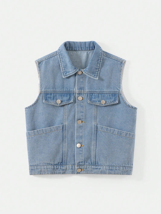 Tween Boy Casual Denim Jacket And Vest Set For Daily Wear