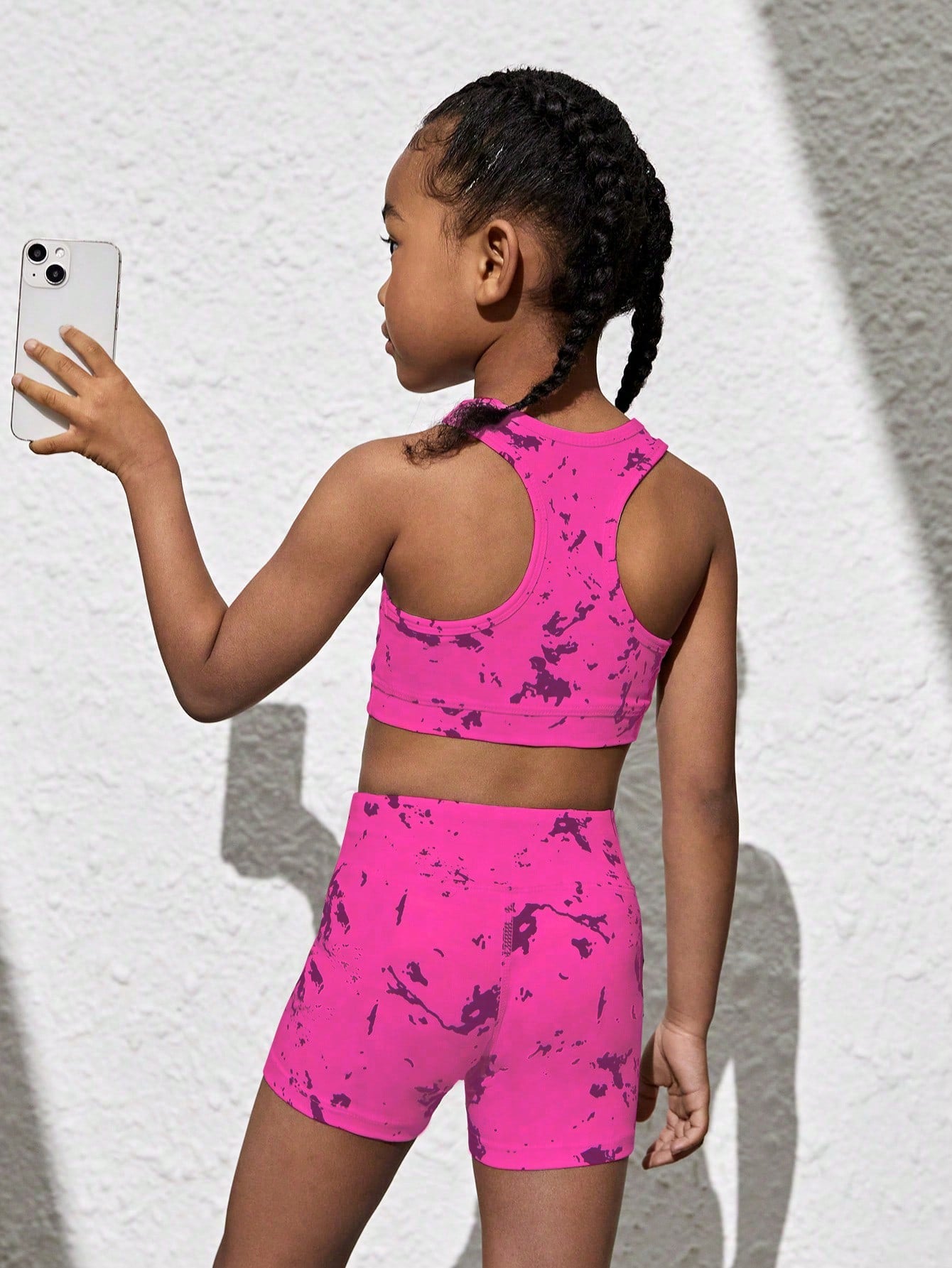 Young Girl Tie-Dye Printed Racerback Tank Top And Shorts Set For Sports