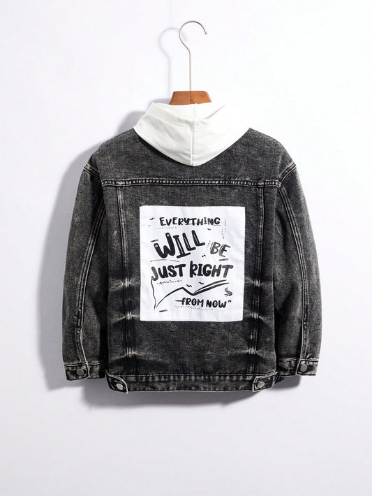 Tween Boy Street-Style Distressed Denim Jacket With Slogan Print On Back