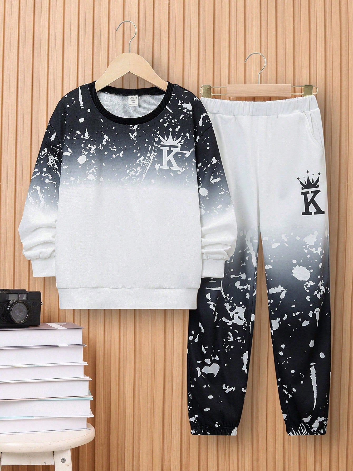 Tween Boys Extended Size Gradient Pattern Round Neck Sweatshirt And Long Pants Sports Suit, 2pcs/Set