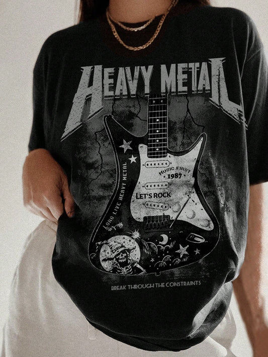 Oversized T-Shirts, Casual And Simple Printed Round Neck Short Sleeve Loose Fit Tee, Plus Size, Suitable For Summer HEAVY METAL LONG LIVE HEAVY METAL MUSIC FIRST 1987 LET'S ROCK BREAK THROUGH THE CONSTRAINTS