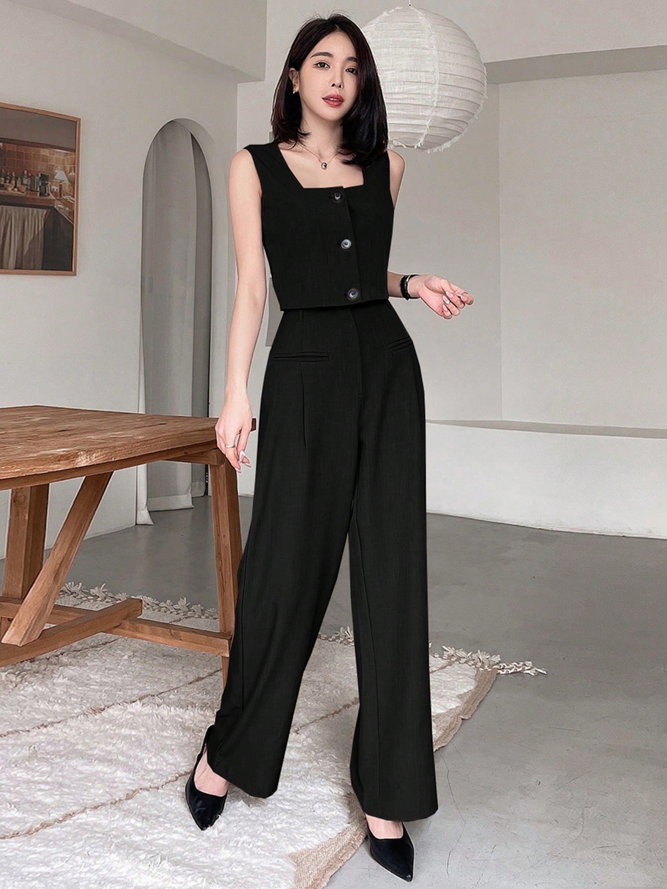 2pcs Square Collar Suit Vest With High-Waisted Straight Wide Leg Pants Set