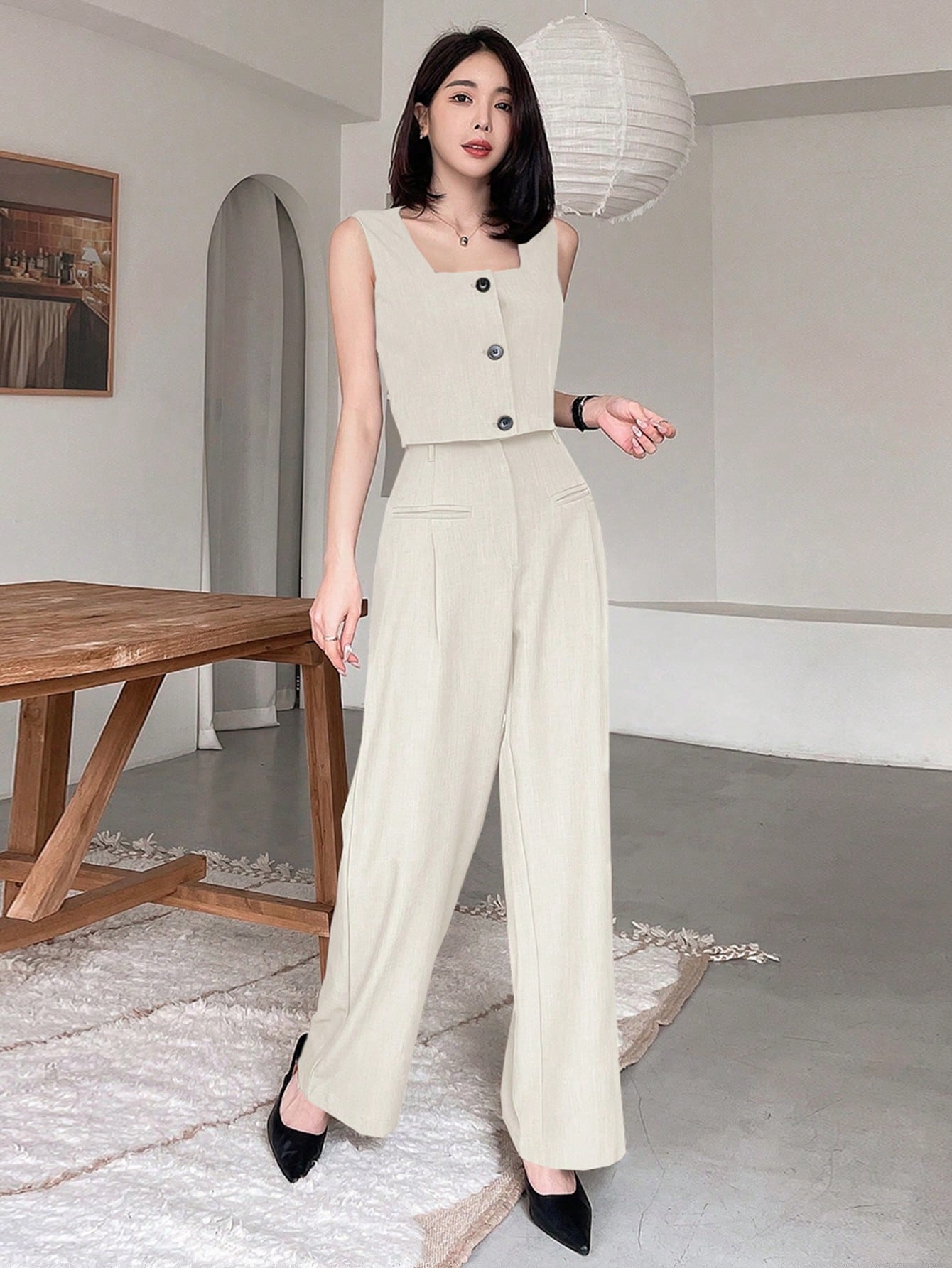 2pcs Square Collar Suit Vest With High-Waisted Straight Wide Leg Pants Set