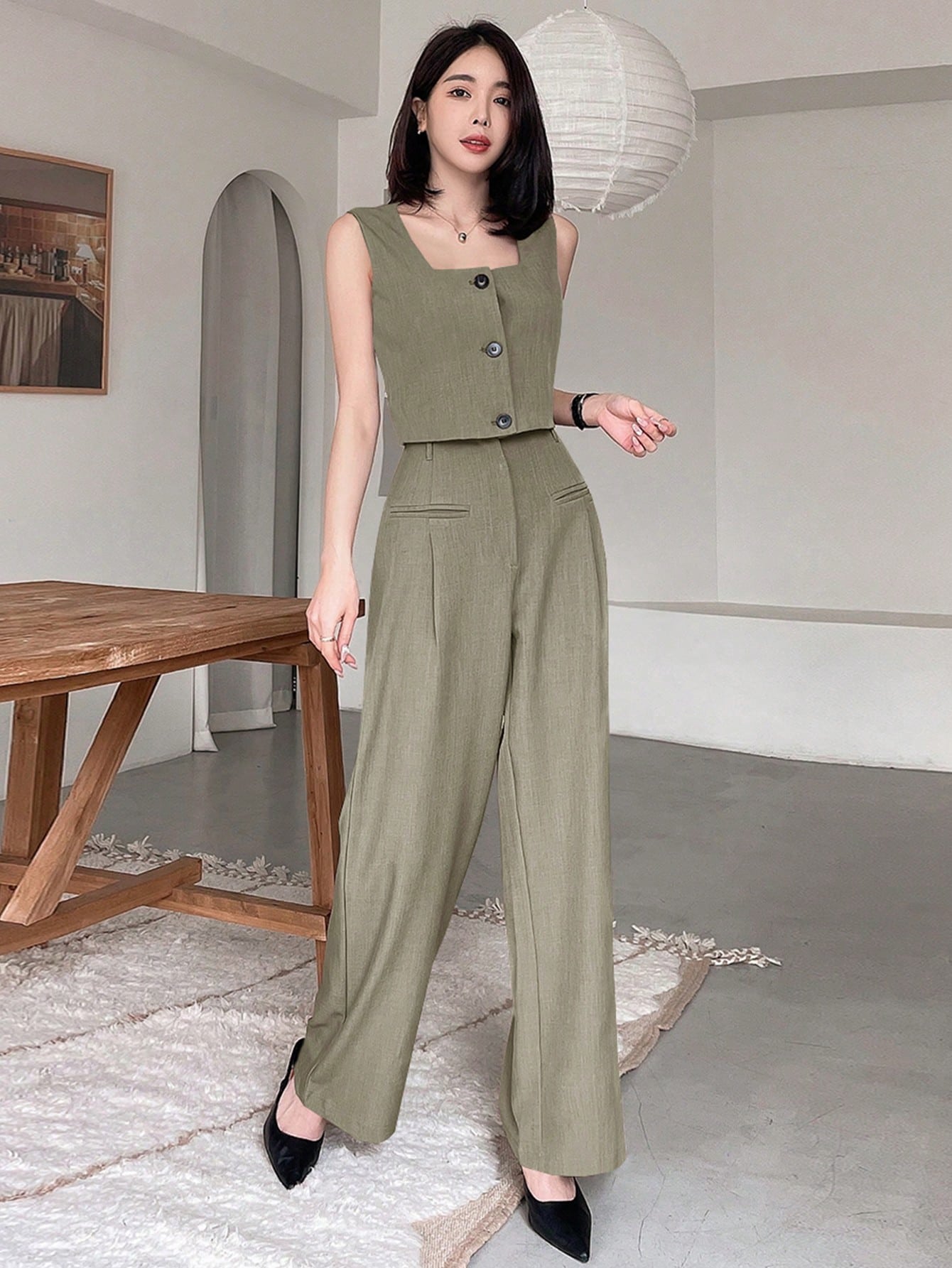 2pcs Square Collar Suit Vest With High-Waisted Straight Wide Leg Pants Set