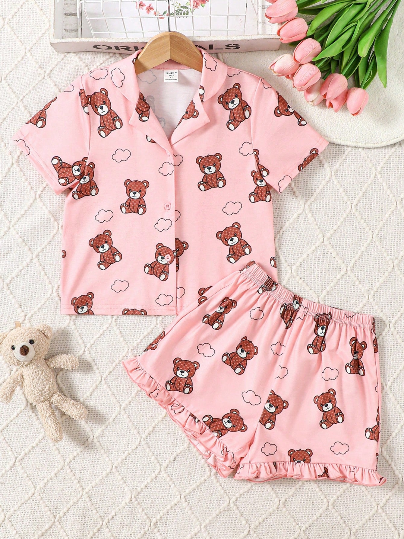 Young Girl Cute Casual Bear Pattern V-Neck Blouse Cardigan Short Sleeve Shorts Flame Retardant Sleepwear 2pcs