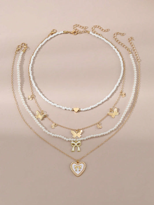 4pcs/Set Girls' Heart & Butterfly Shape Rice Beads Pearl Beaded Necklace Set