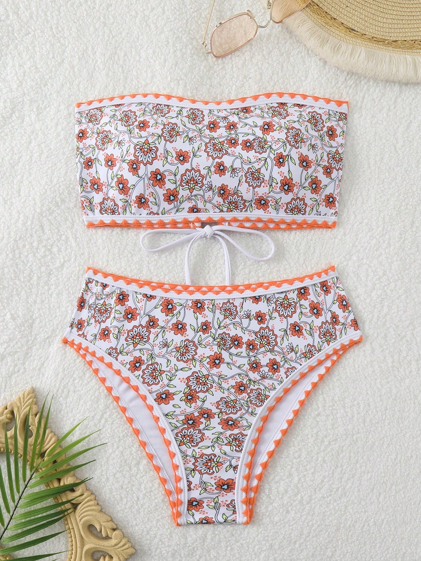 Swim Women's Floral Print Strapless Bikini Set, Random Print, Bandeau Two Piece Swimwear Bathing Suit Beach Outfit Summer Vacation,Summer Beach