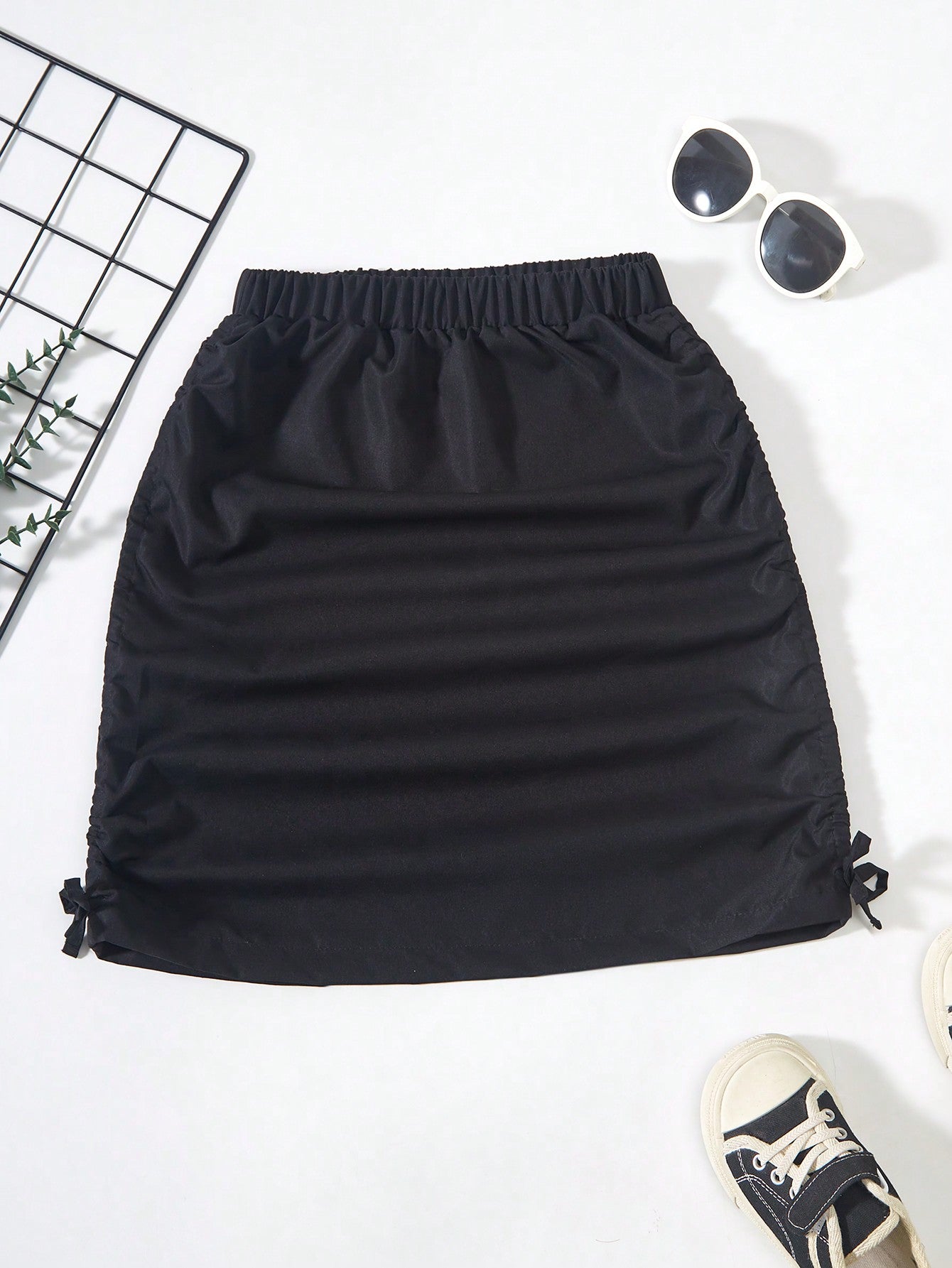 Tween Girl Solid Color Elastic Waist Pleated Skirt With Drawstring Side Detail For Summer