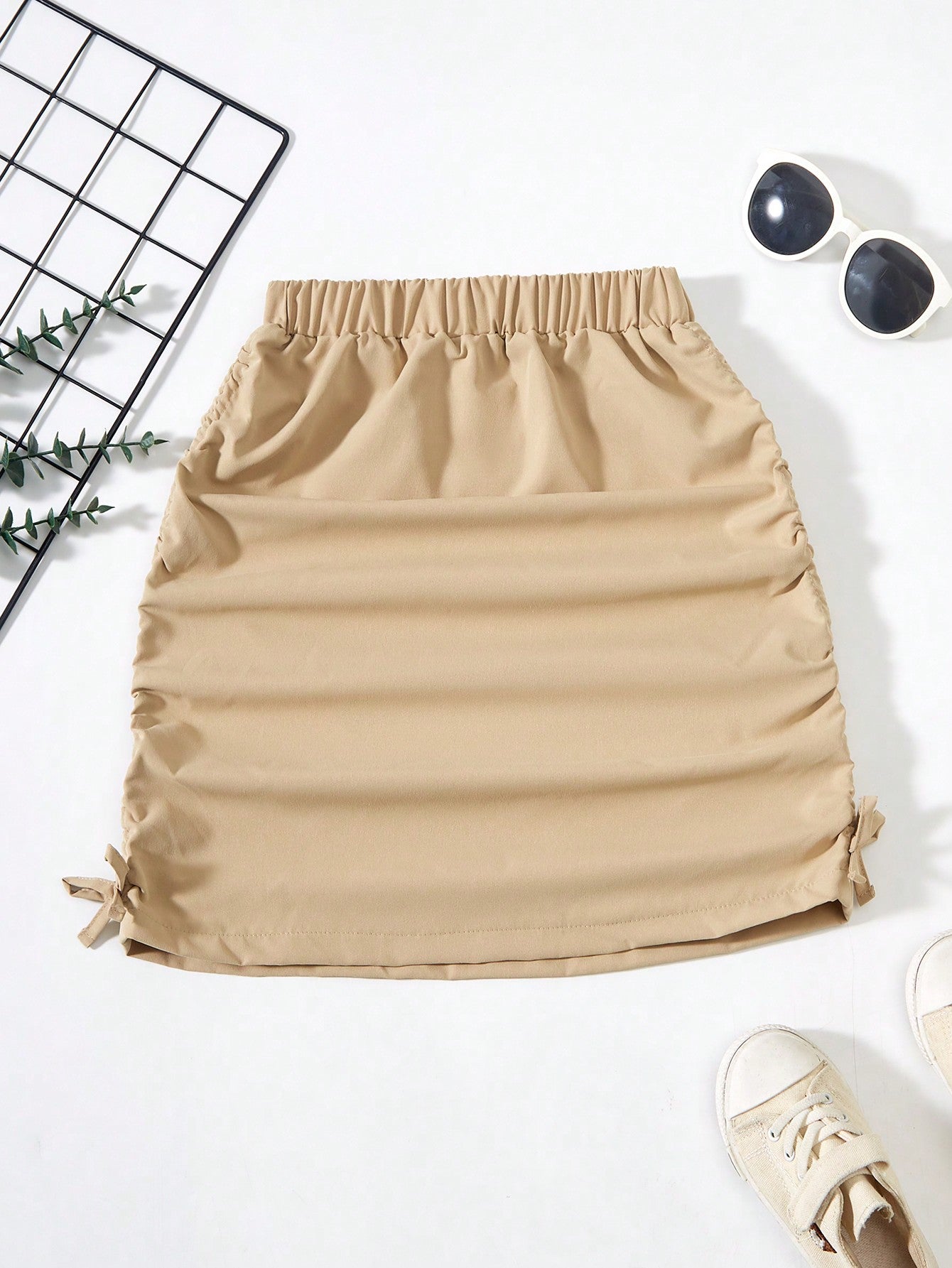 Tween Girl Solid Color Elastic Waist Pleated Skirt With Drawstring Side Detail For Summer