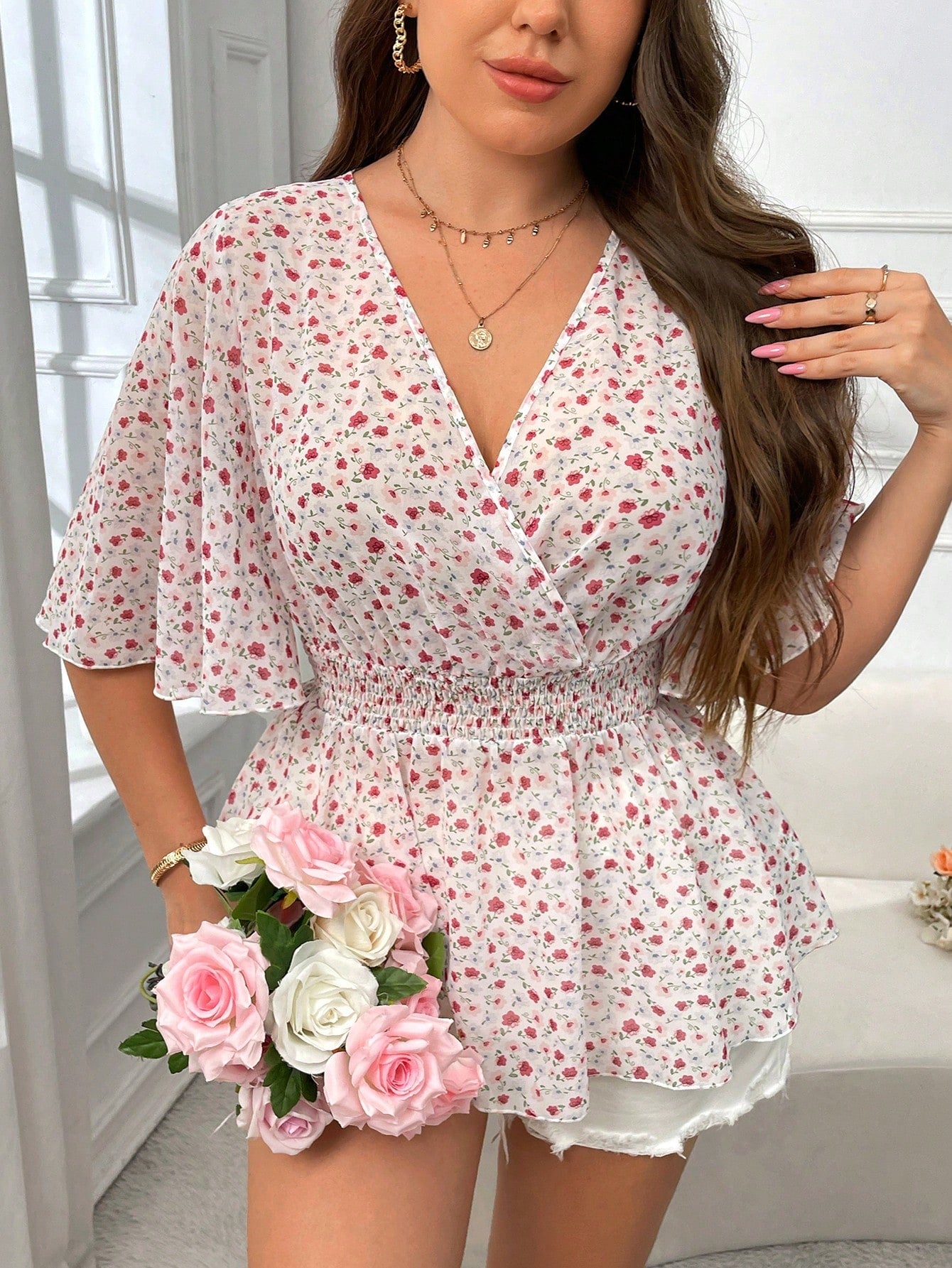 Plus Size Floral Print Ruffle Sleeve Vacation Style Spring/Summer Shirt With V Neckline