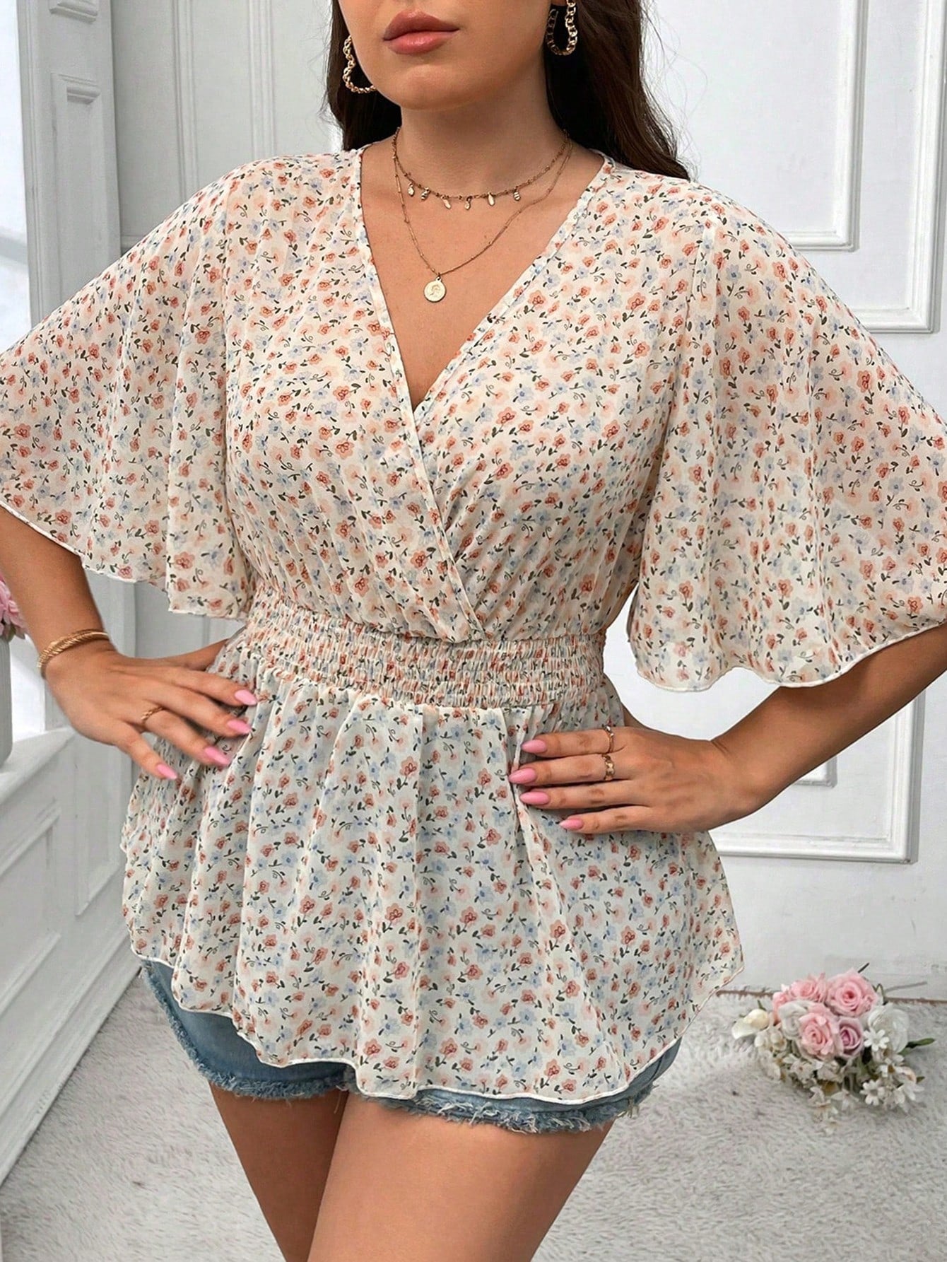 Plus Size Floral Print Ruffle Sleeve Vacation Style Spring/Summer Shirt With V Neckline