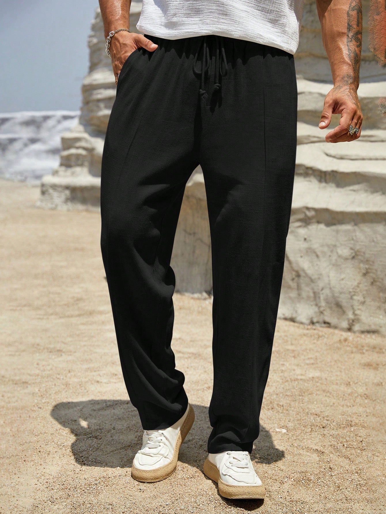 Men Drawstring Waist Seam Detail Pants