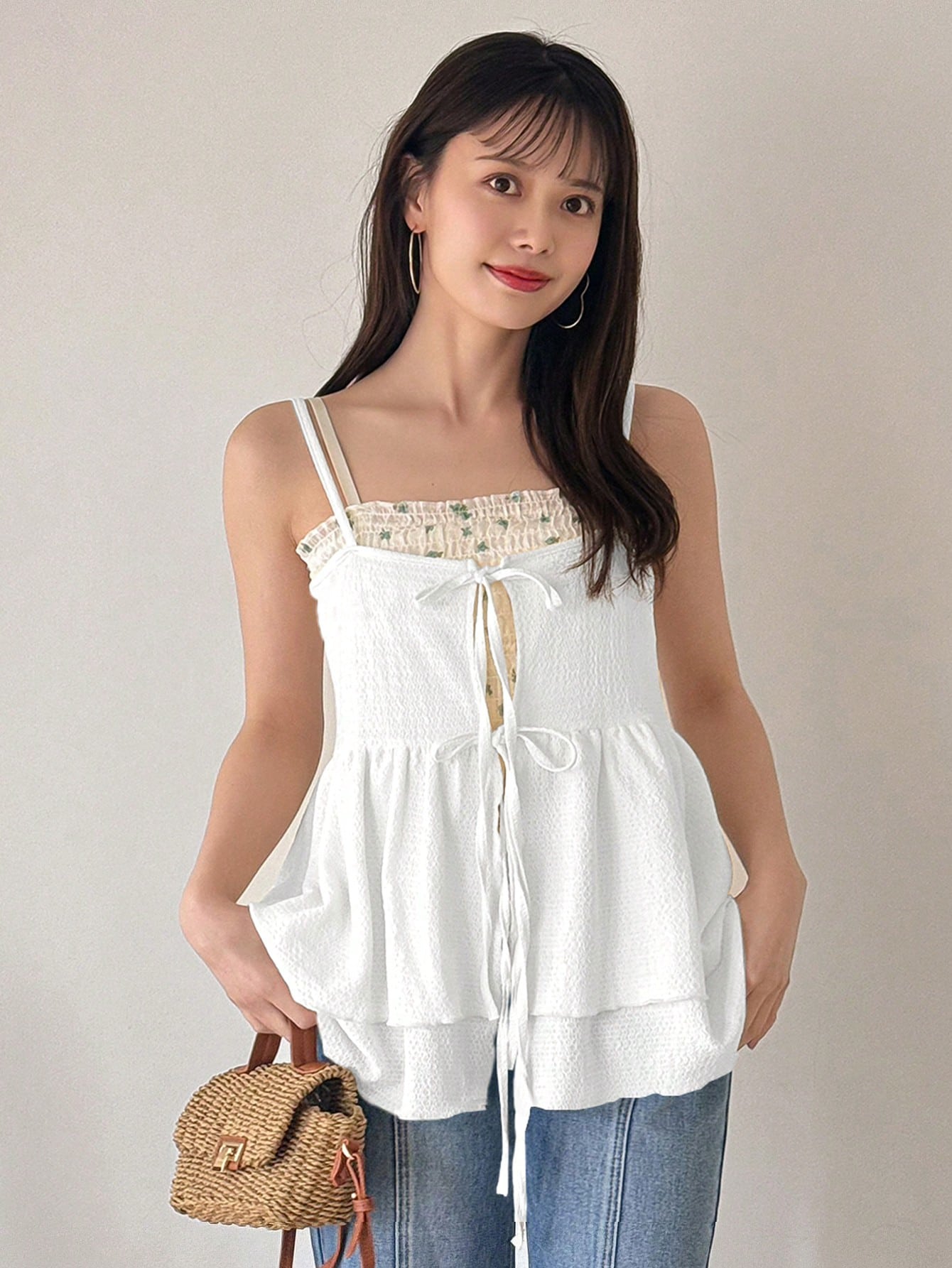 FRIFUL Designer Women's Ruffled Hem Cami Top With Tie Strings