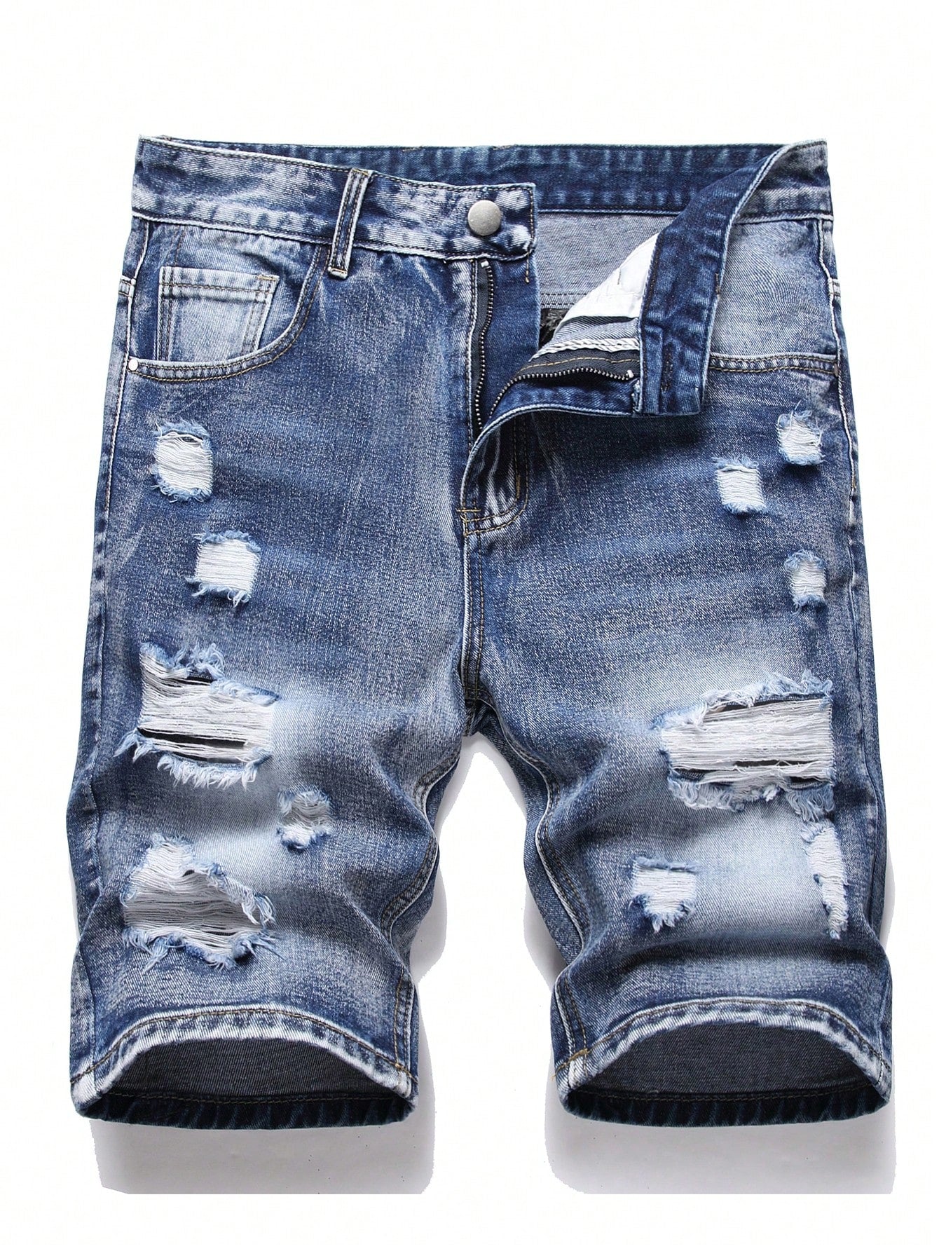 Men Cotton Ripped Frayed Bleach Wash Denim Shorts