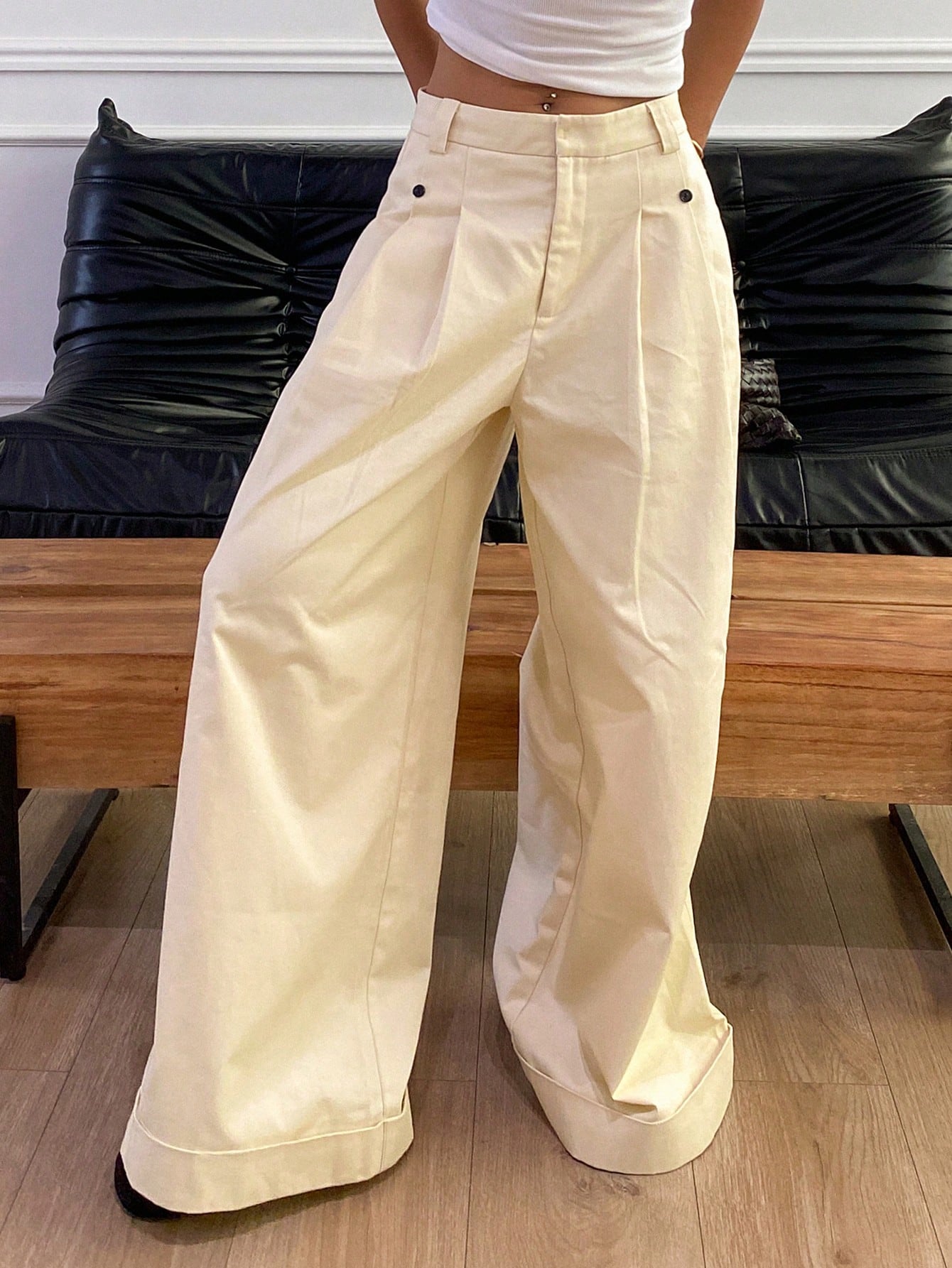 Solid Color Women's Wide Leg Pants With Pockets