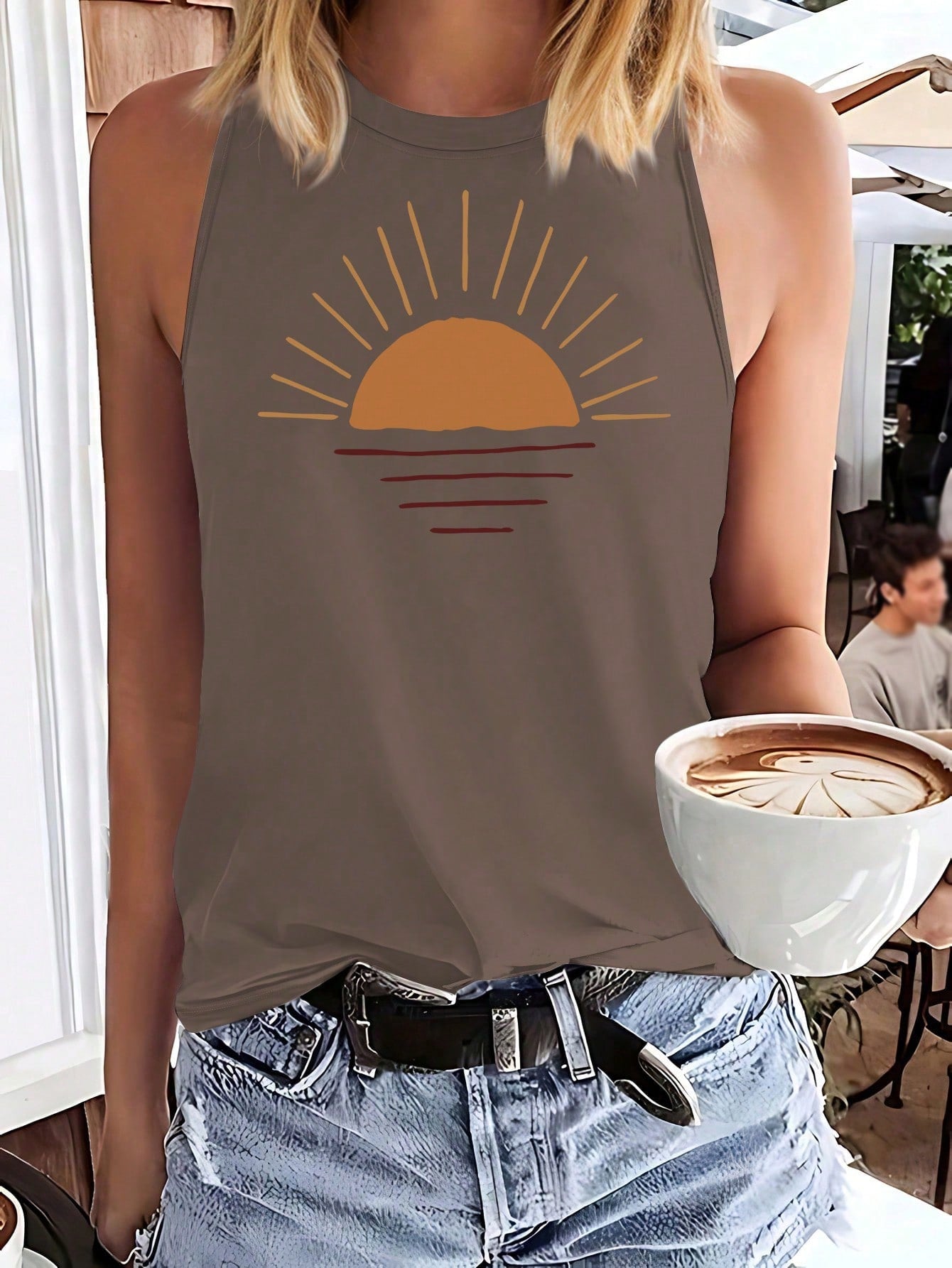 Simple Sun And Sunrise Print Casual Tank Top With Round Neckline