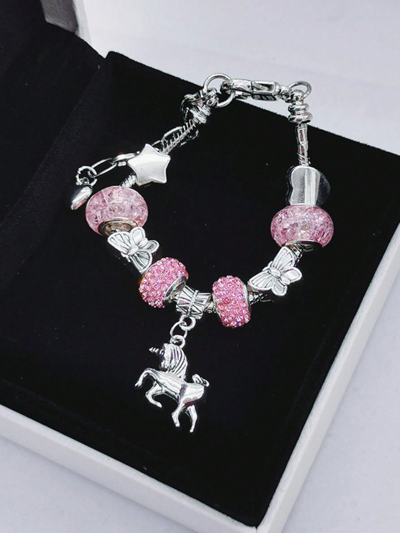 1pc Versatile Horse Butterfly Charm Bracelet With Big Hole Beads For Kids, Pink Beaded Snake Chain