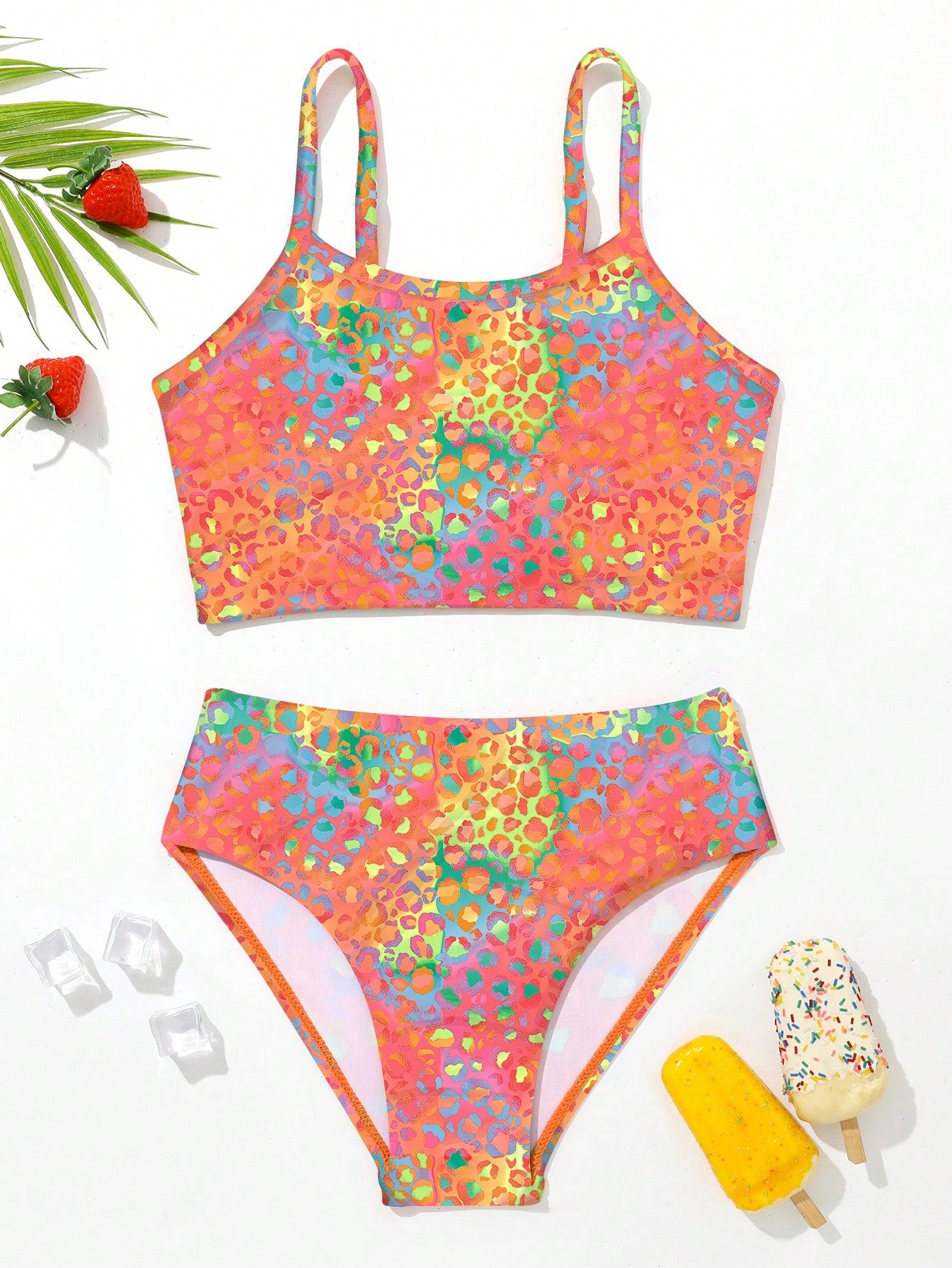 Summer Beach Young Girl Gradient Pink-Purple Multi-Colored Leopard Print Bikini Set