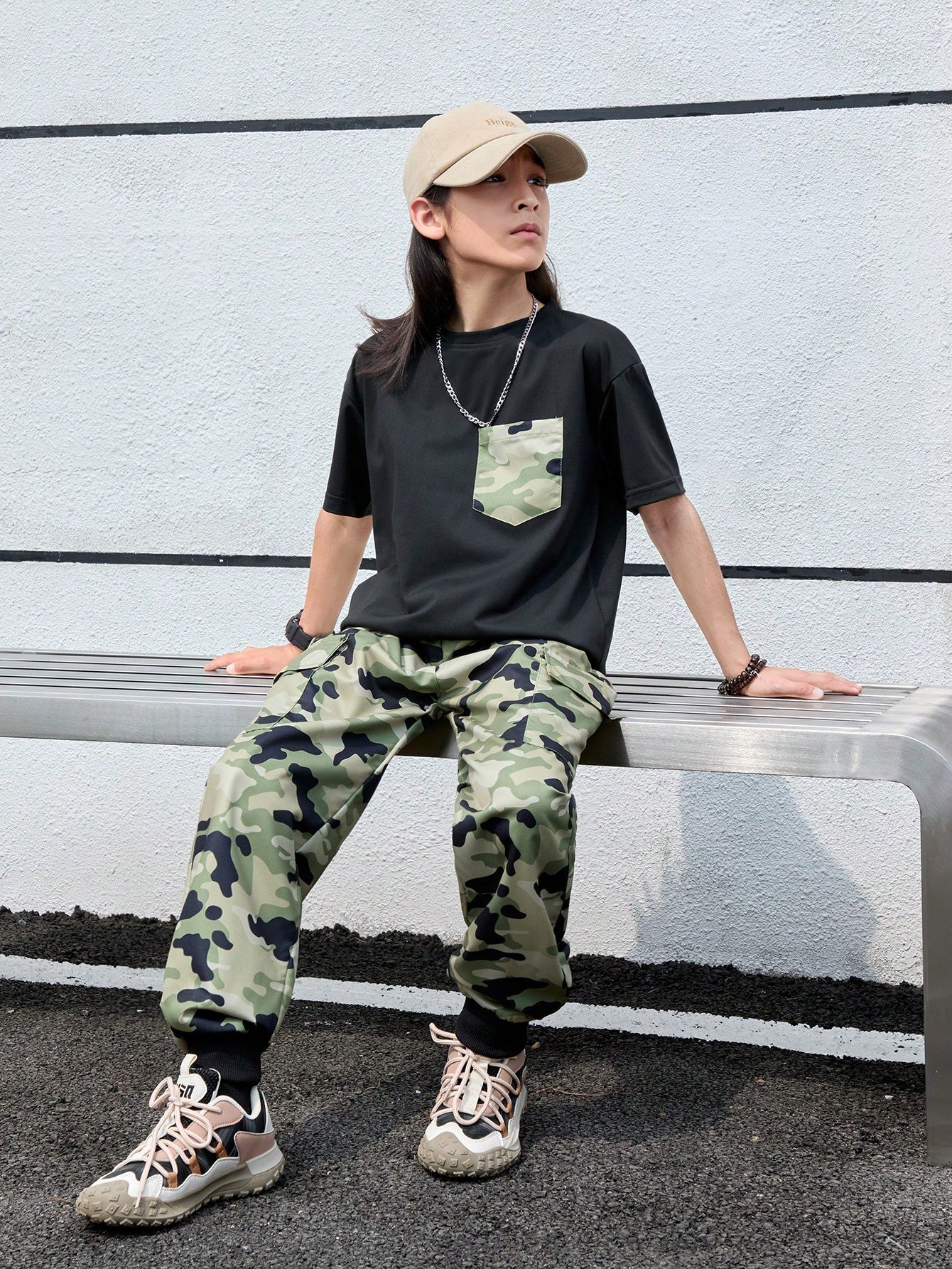 Tween Boys' Camouflage Cargo Long Pants And Patch Pocket Top 2pcs/Set