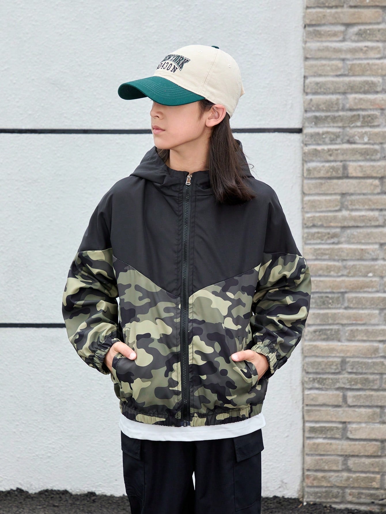 Tween Boy Camo Print Zip Up Hooded Jacket Without Tee