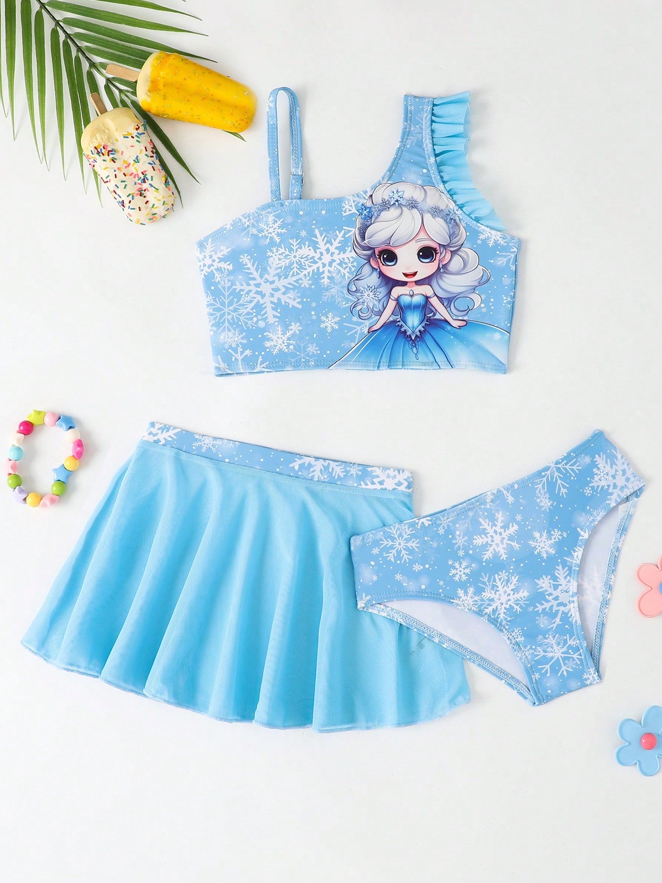 Young Girl Fashionable And Adorable Snowflake Printed Bikini Set(Printed Pattern) Summer Beach