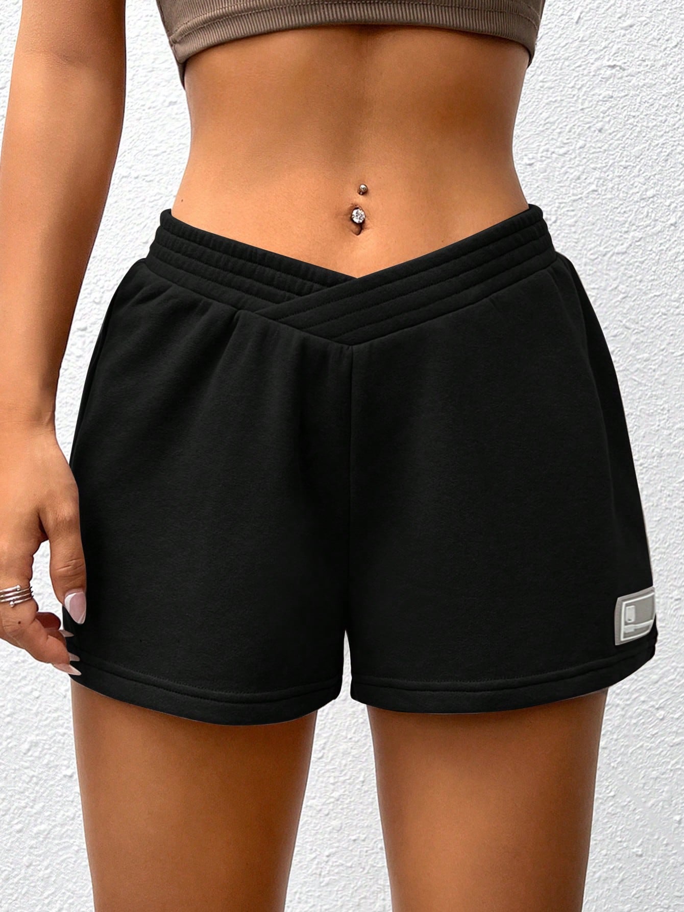 Summer Loose And Casual Brown  Elastic Waist Patched Detail Sports Shorts