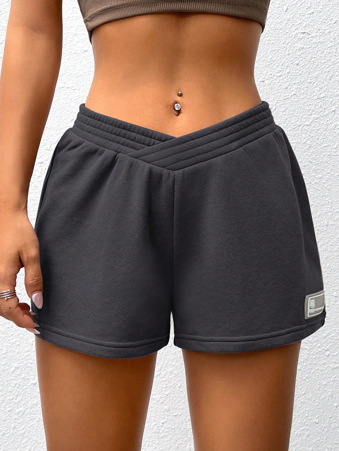 Summer Loose And Casual Brown  Elastic Waist Patched Detail Sports Shorts