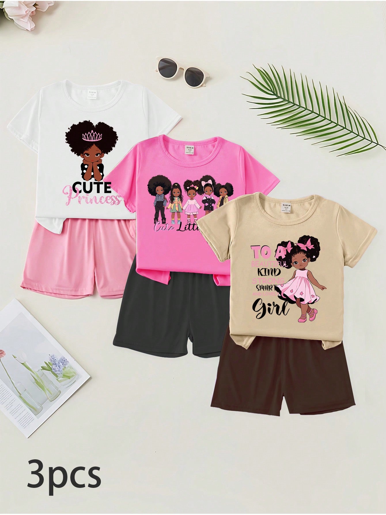 Young Girl 3pcs/Set Fashionable Cute Cartoon Printed Short Sleeve T-Shirt And Leggings