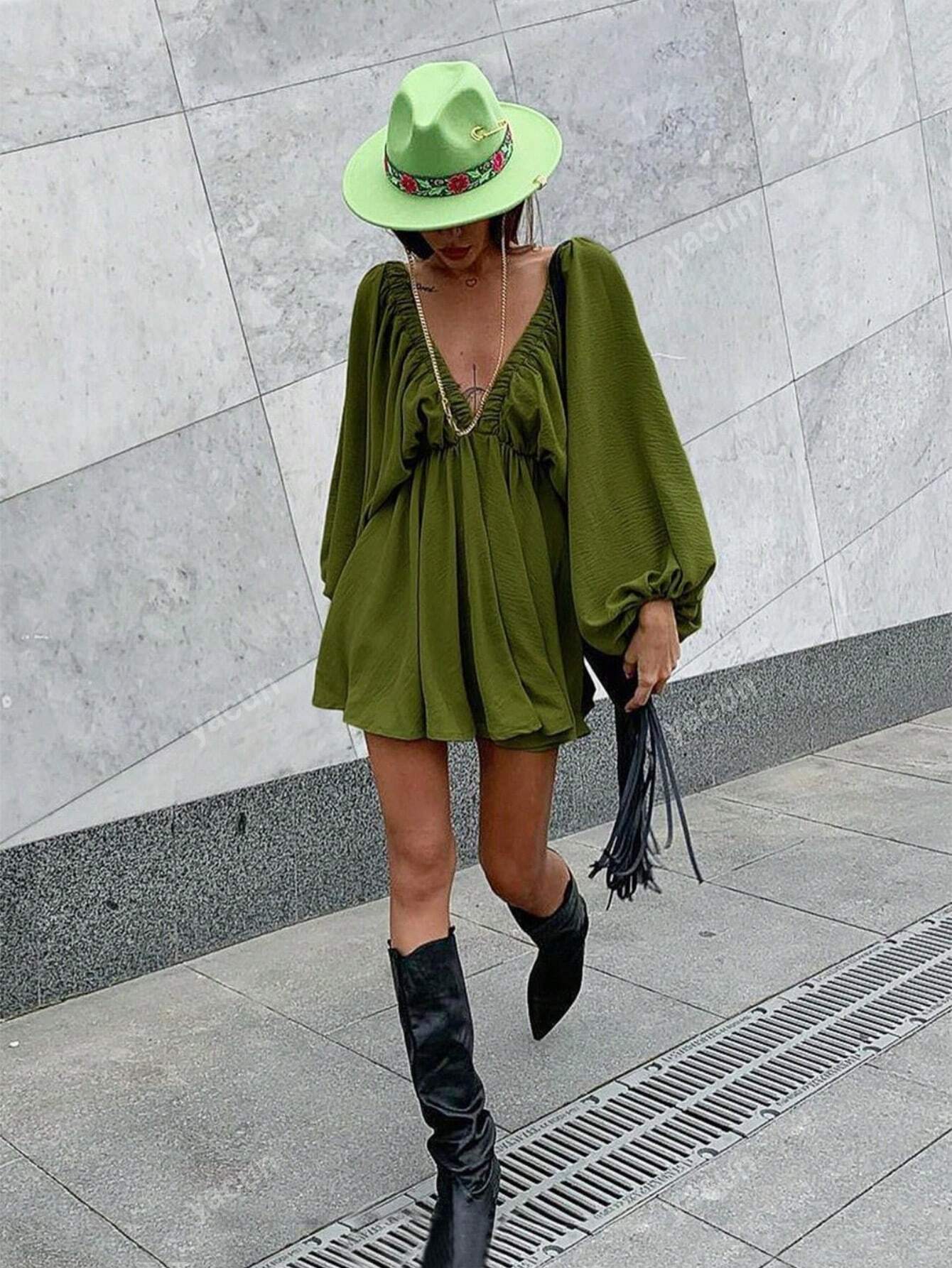 Solid Color V-Neck Lantern Sleeve Dress