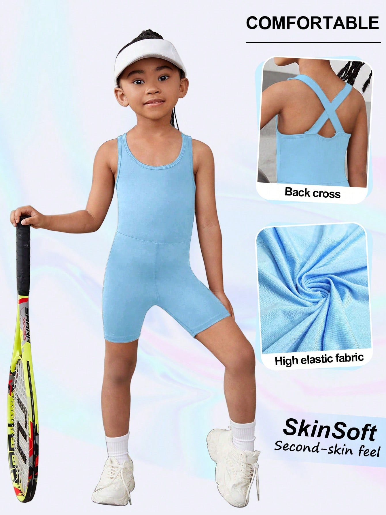 Young Girl Light Purple Sport Jumpsuit, Cross-Back Design, Breathable & Comfortable Casual Wear