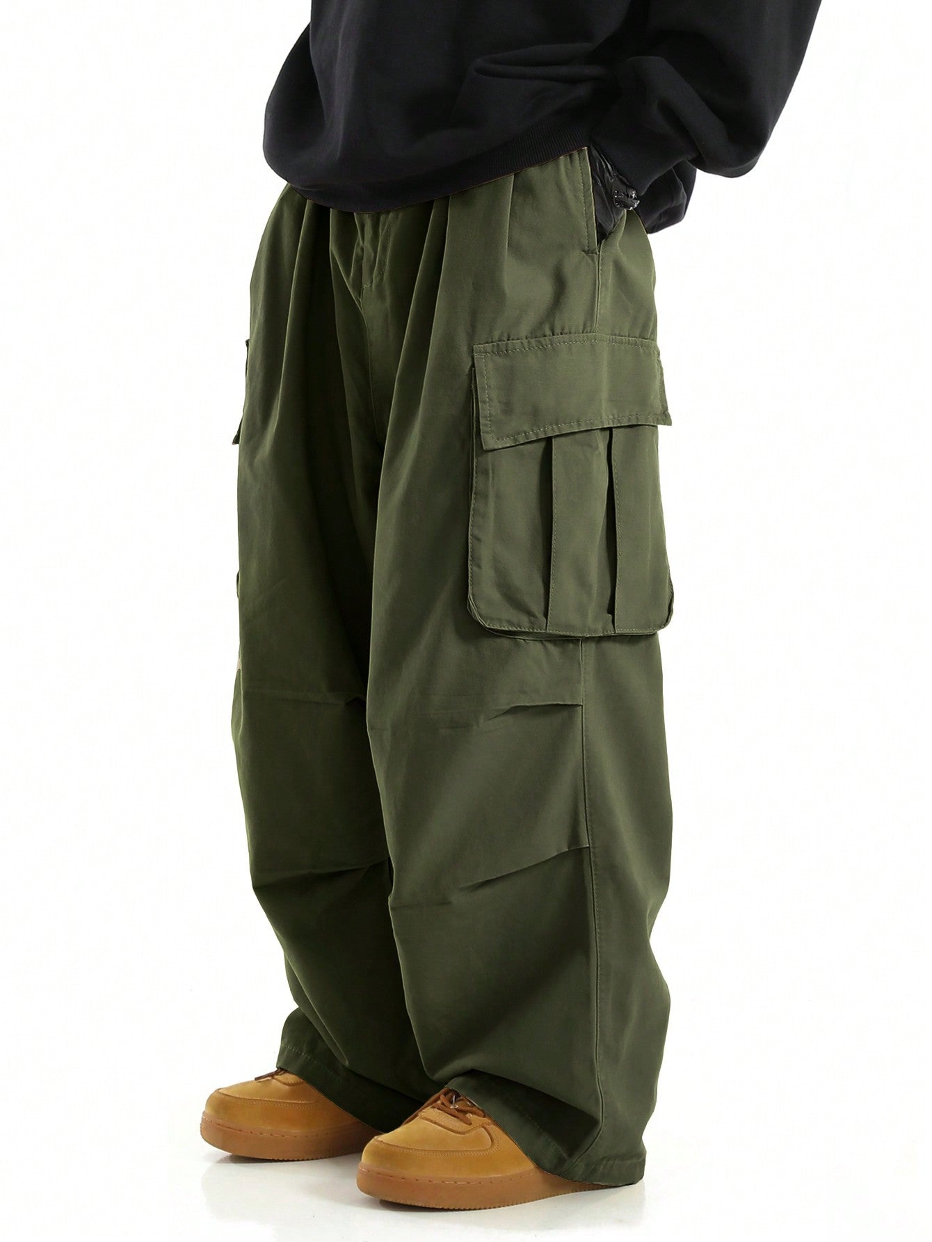 Men Flap Pocket Side Drawstring Waist Oversize Cargo Pants