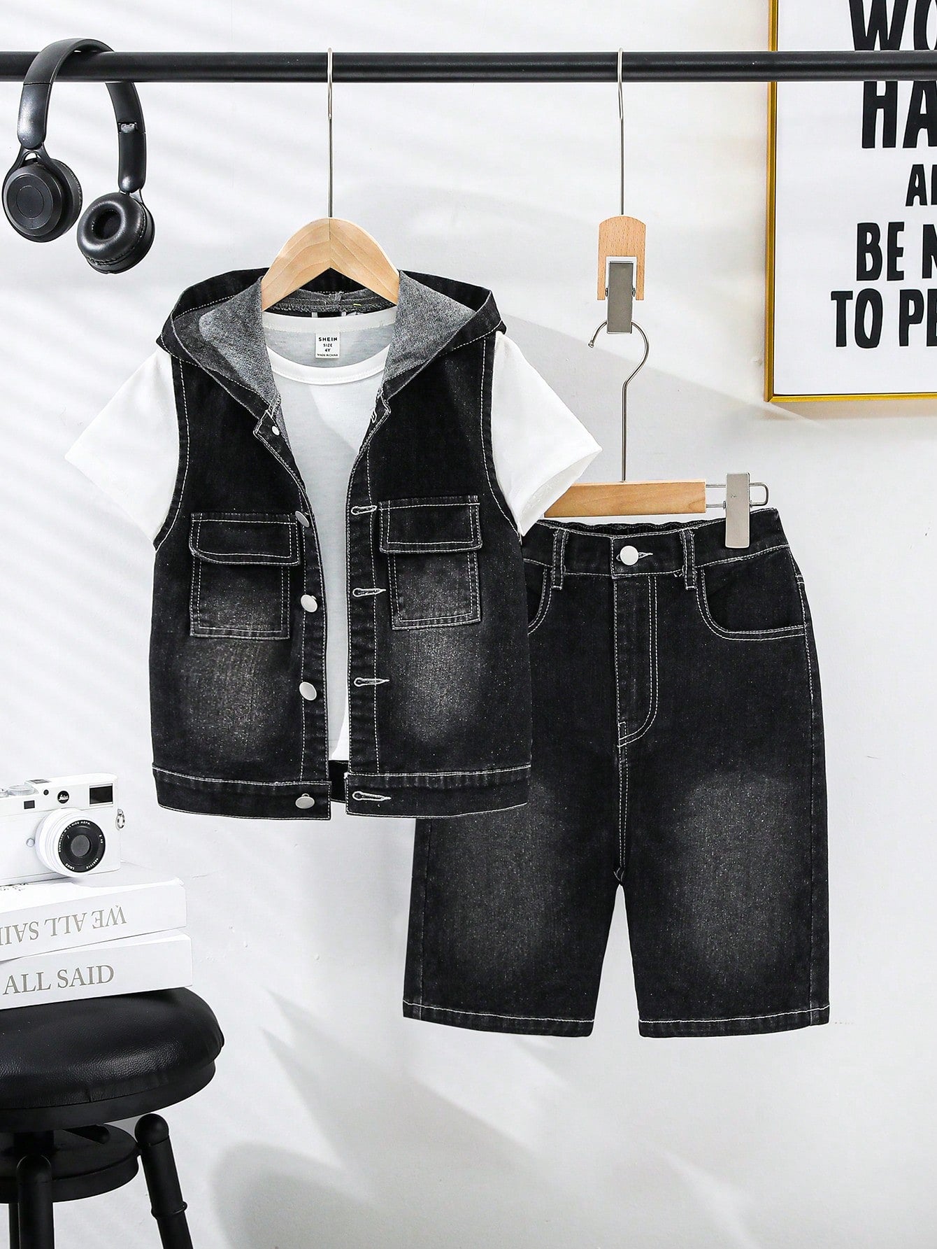 Tween Boy Sleeveless Hooded Denim Vest With Front Buttons And Solid Color Denim Shorts With Pockets, Summer Casual Outfit